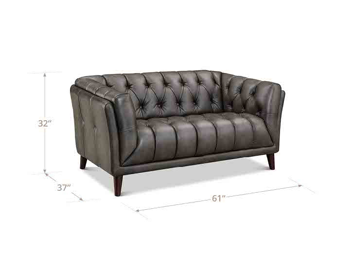 Gray tufted sofa with dimensions labeled on a white background