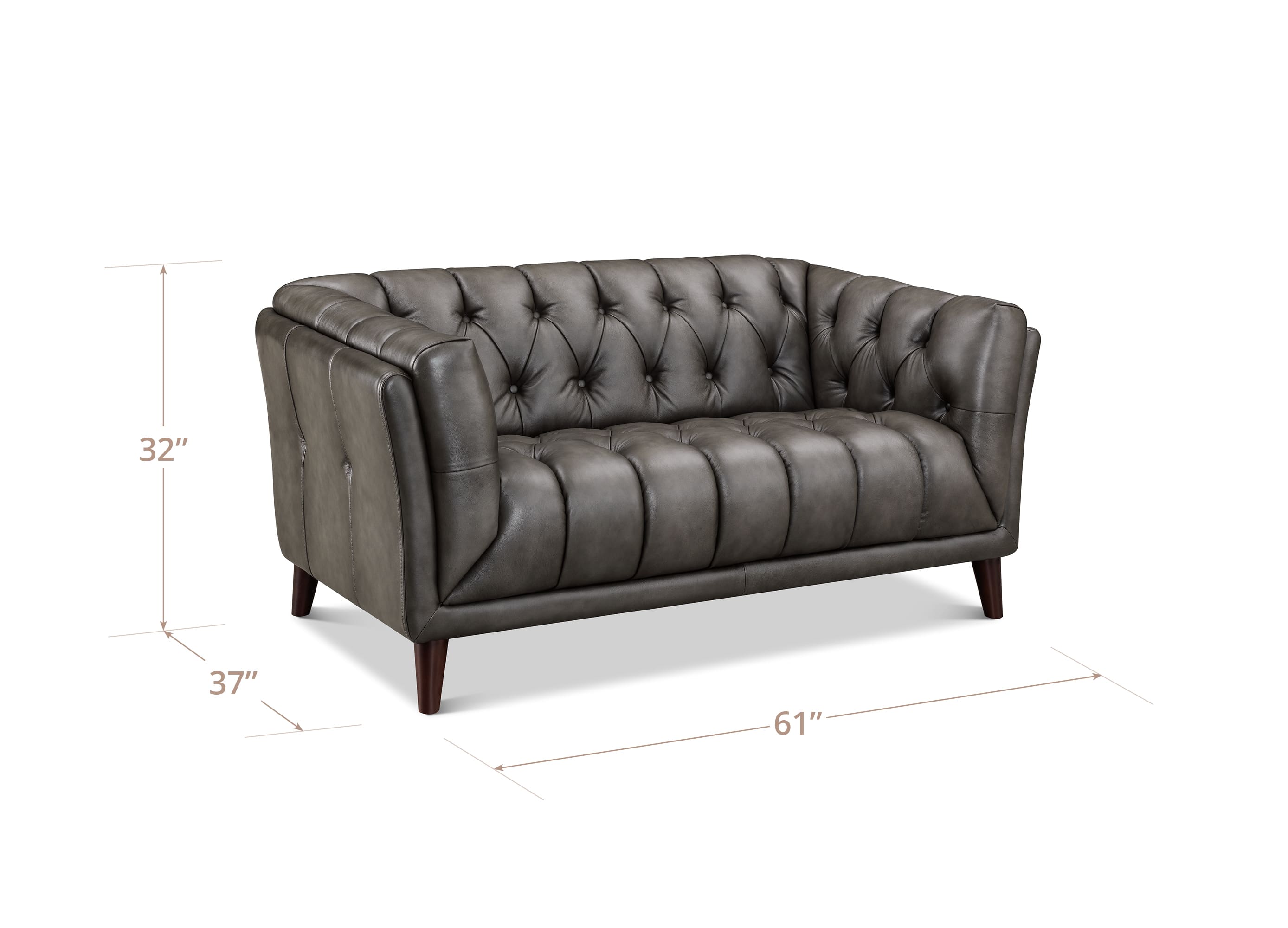 A dark gray tufted loveseat sofa on a white background with dimension lines showing its height of 32 inches, width of 61 inches, and depth of 37 inches.