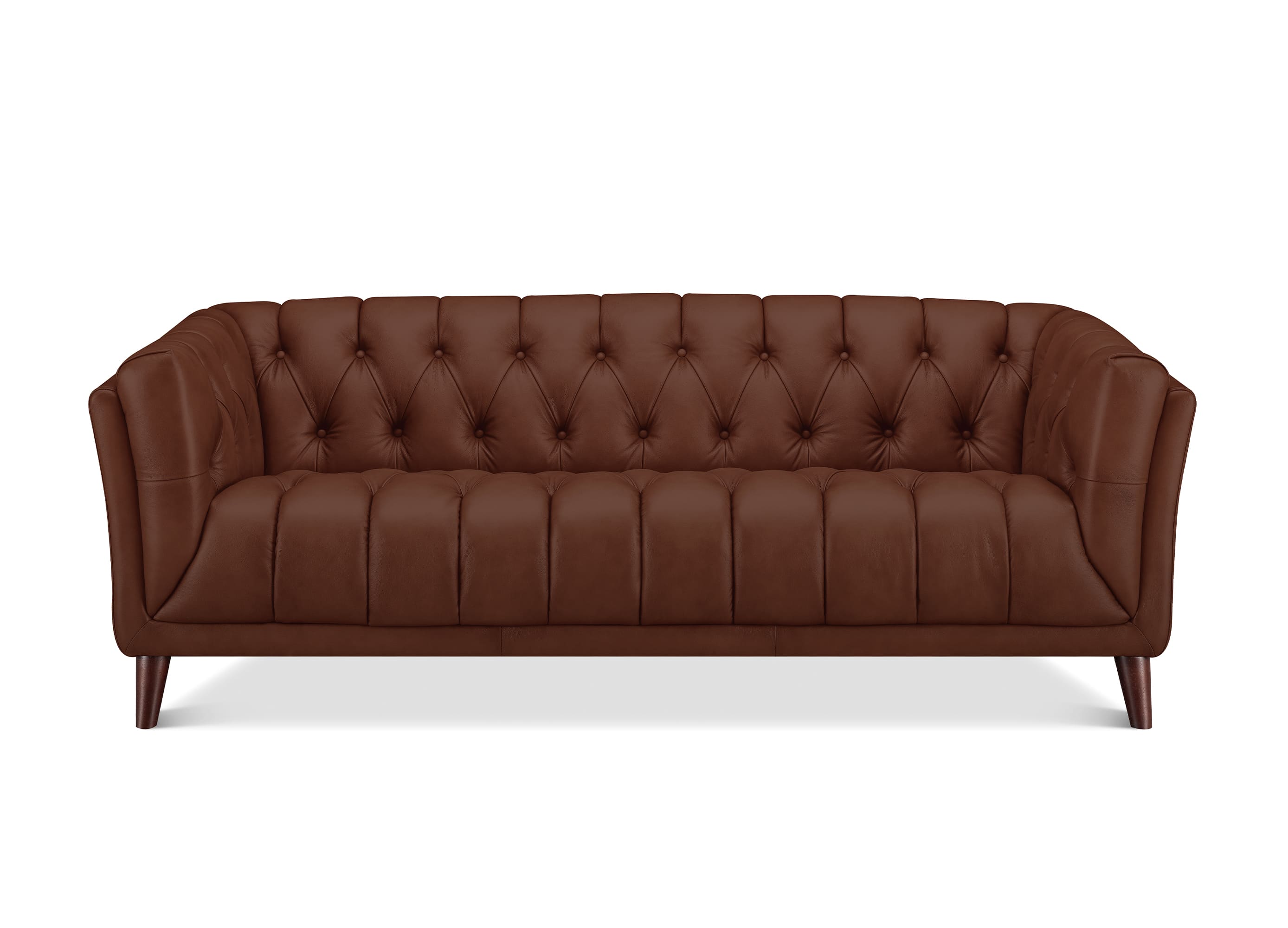 A classic Chesterfield-style loveseat sofa upholstered in rich brown leather, featuring deep button tufting on the backrest and seat, rolled arms, and dark tapered wooden legs, shown against a plain white background.