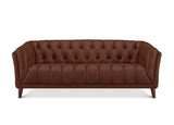 A classic Chesterfield-style loveseat sofa upholstered in rich brown leather, featuring deep button tufting on the backrest and seat, rolled arms, and dark tapered wooden legs, shown against a plain white background.