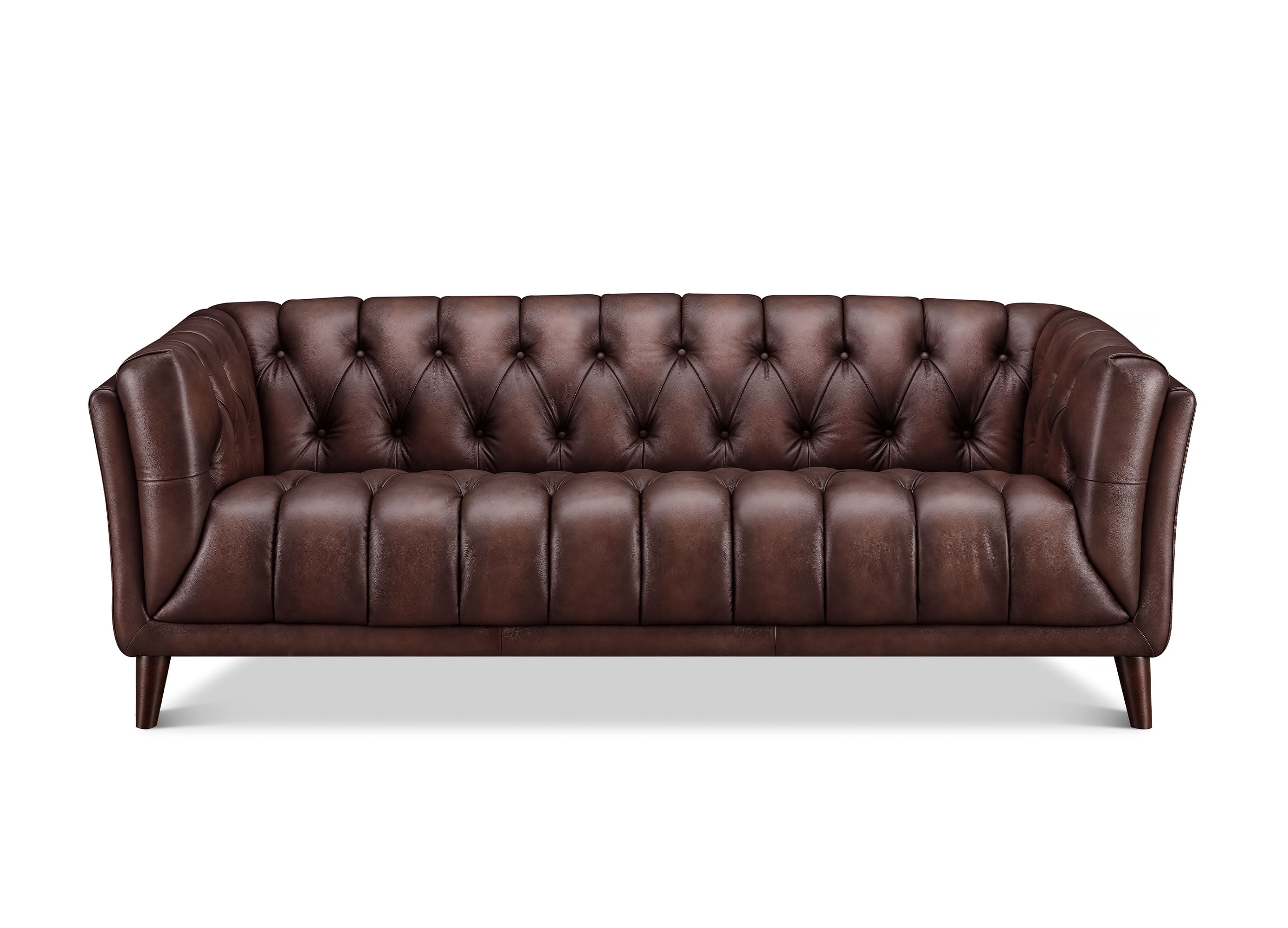 A classic Chesterfield-style leather sofa in dark brown, featuring deep button tufting on the back and seat, rolled arms, and tapered wooden legs, shown against a plain white background.
