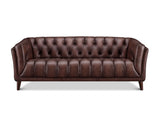 A classic Chesterfield-style leather sofa in dark brown, featuring deep button tufting on the back and seat, rolled arms, and tapered wooden legs, shown against a plain white background.