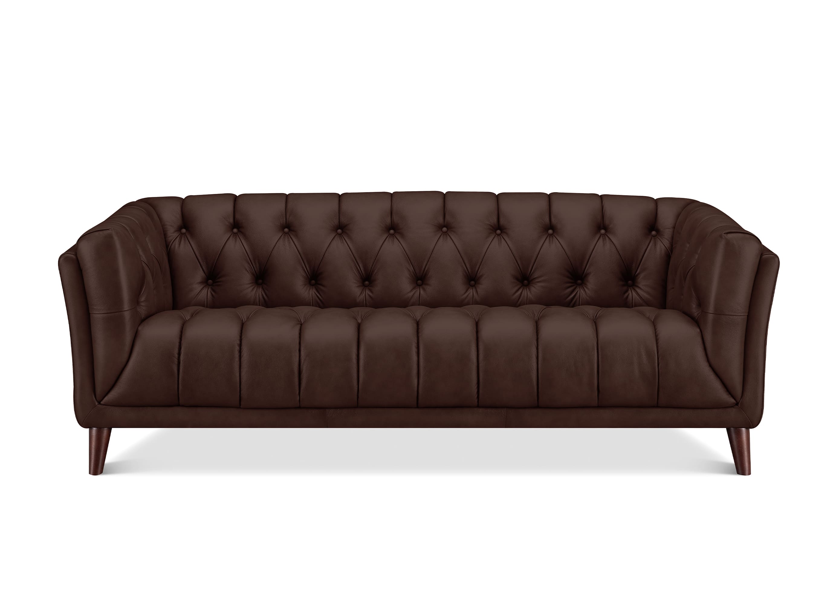 A classic Chesterfield-style loveseat sofa upholstered in dark brown leather, featuring deep button tufting on the backrest and seat, rolled arms, and tapered wooden legs, shown against a plain white background.