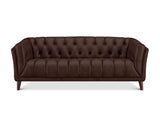 A classic Chesterfield-style loveseat sofa upholstered in dark brown leather, featuring deep button tufting on the backrest and seat, rolled arms, and tapered wooden legs, shown against a plain white background.