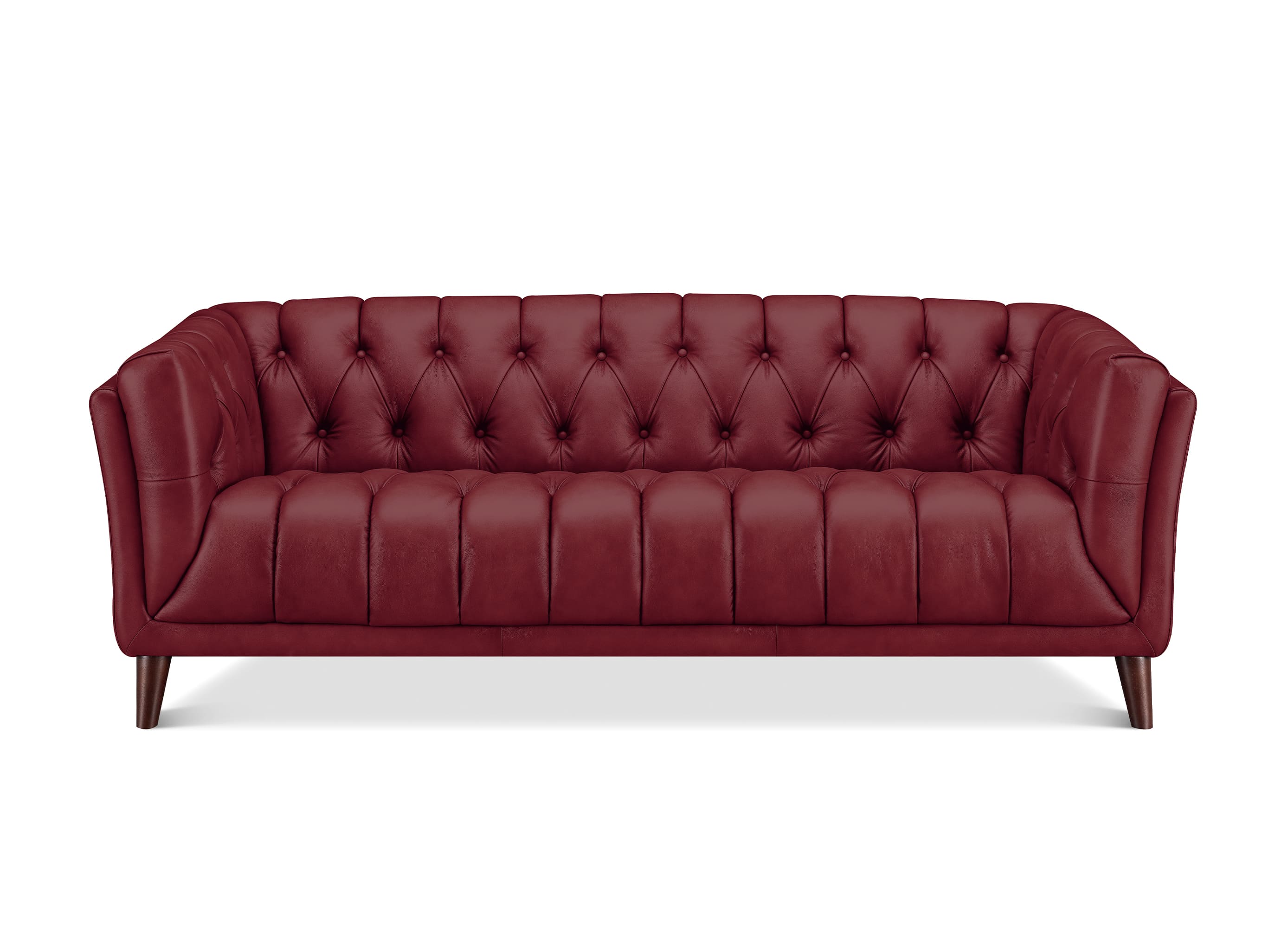 A classic Chesterfield-style sofa upholstered in deep burgundy leather, featuring a tufted backrest and channel-tufted seat, supported by dark wooden legs, shown against a plain white background.