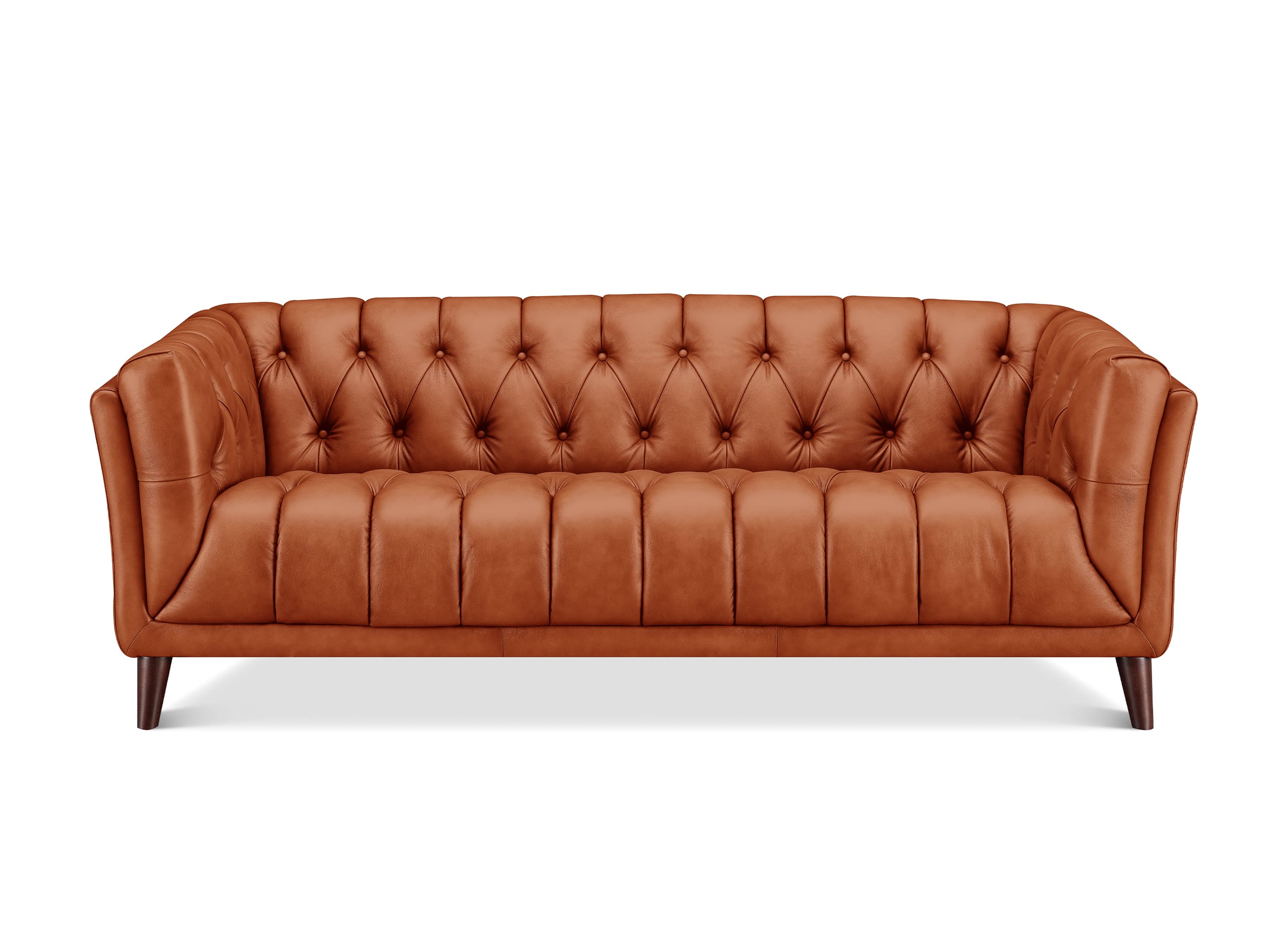 A classic Chesterfield-style leather sofa in a warm cognac brown, featuring deep button tufting on the backrest and seat, rolled arms, and dark tapered wooden legs, shown against a plain white background.