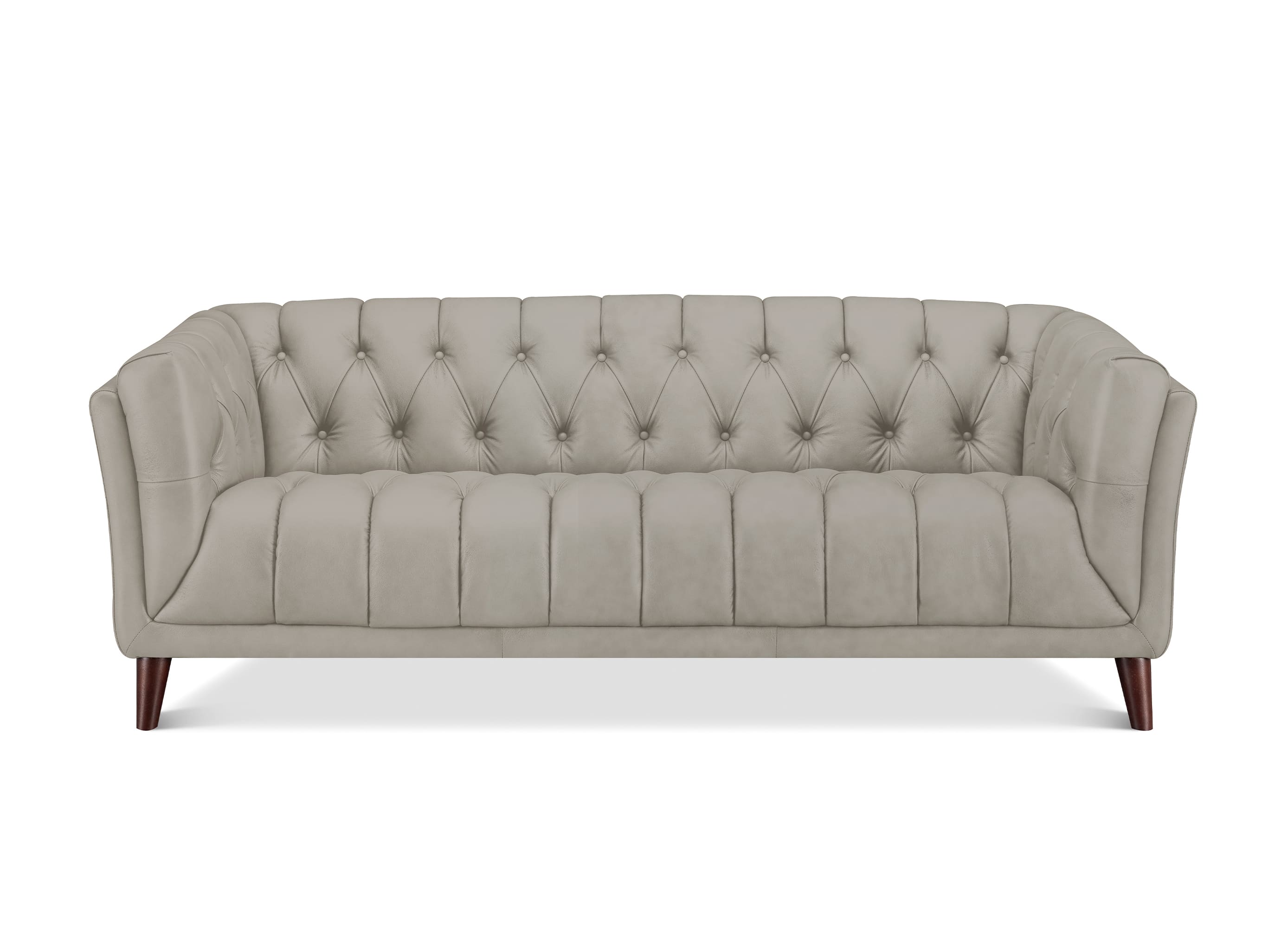 A light beige tufted loveseat sofa with dark wood legs, shown from a front-facing perspective on a white background.
