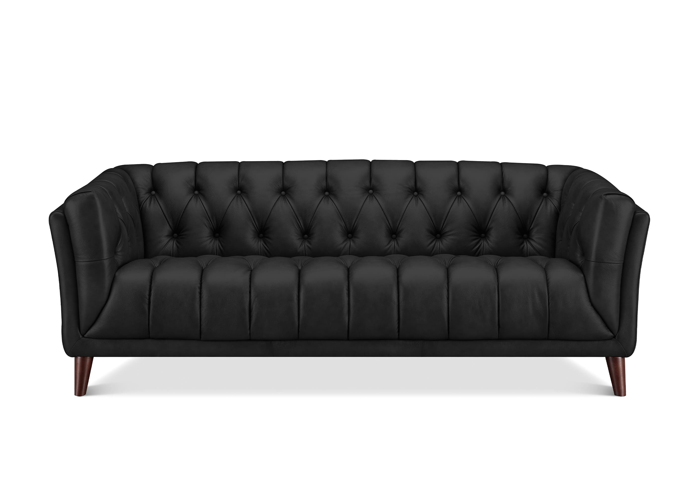 A black tufted leather loveseat sofa with dark wood legs, shown from a front-facing perspective against a plain white background.