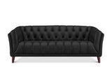 A black tufted leather loveseat sofa with dark wood legs, shown from a front-facing perspective against a plain white background.