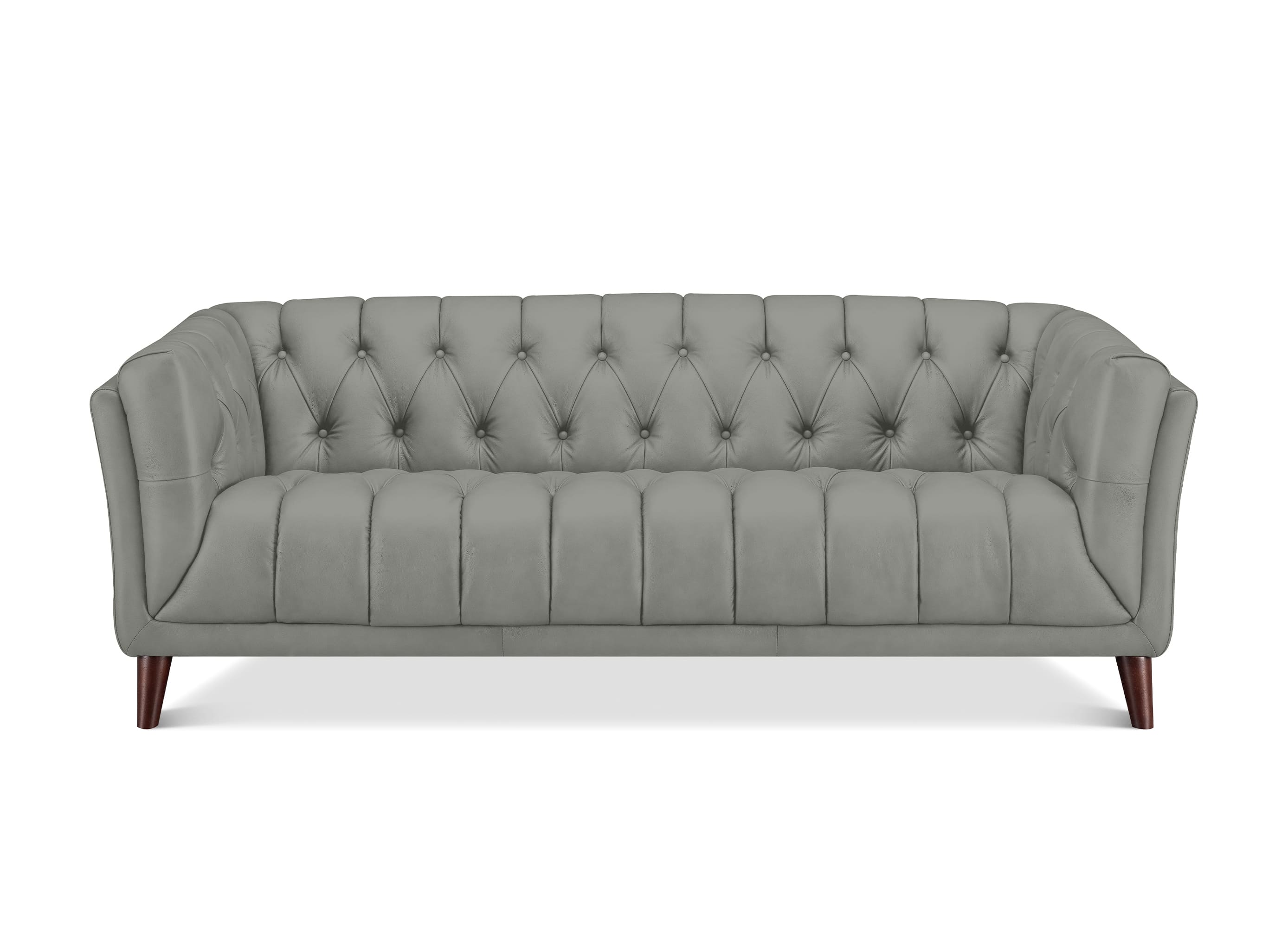 A light gray tufted loveseat sofa with dark brown wooden legs, shown from a front-facing perspective on a white background.