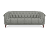 A light gray tufted loveseat sofa with dark brown wooden legs, shown from a front-facing perspective on a white background.