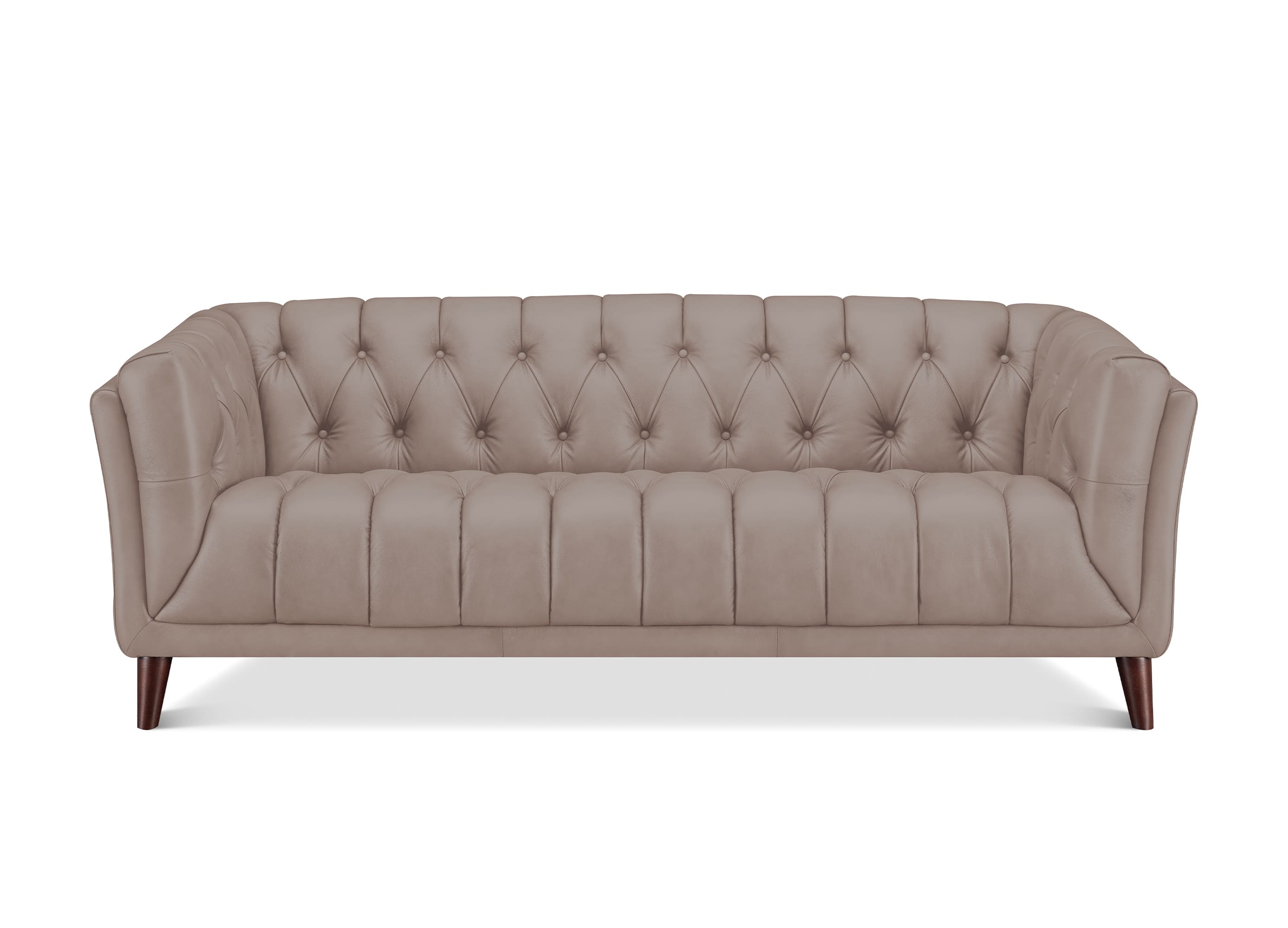 A tufted loveseat sofa upholstered in taupe leather with dark wood legs, shown against a plain white background.