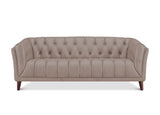 A tufted loveseat sofa upholstered in taupe leather with dark wood legs, shown against a plain white background.