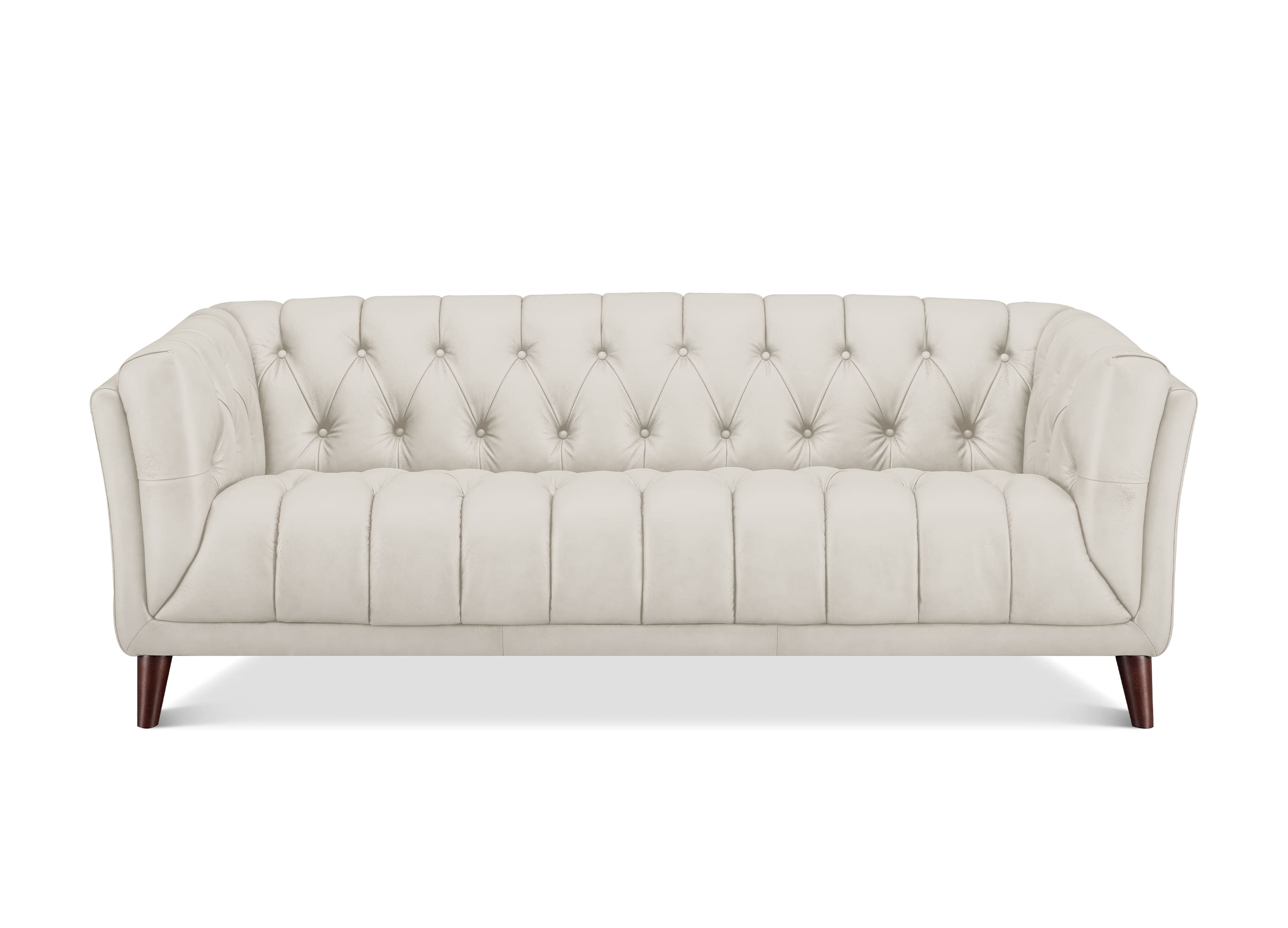An off-white tufted loveseat sofa with dark brown wooden legs, shown from a front-facing perspective on a solid white background.
