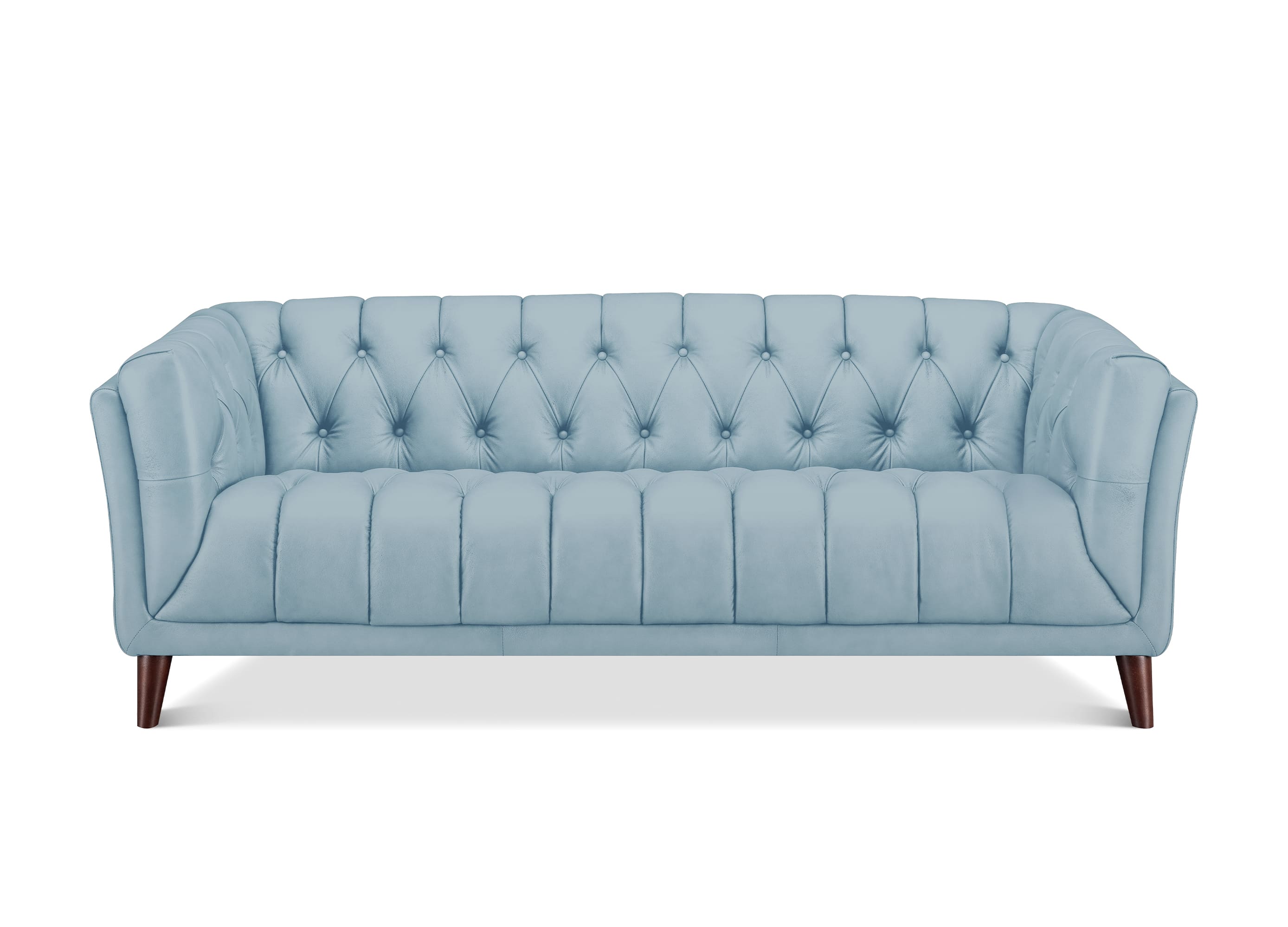 A light blue tufted loveseat sofa with dark brown wooden legs, shown from a front-facing perspective on a solid white background.