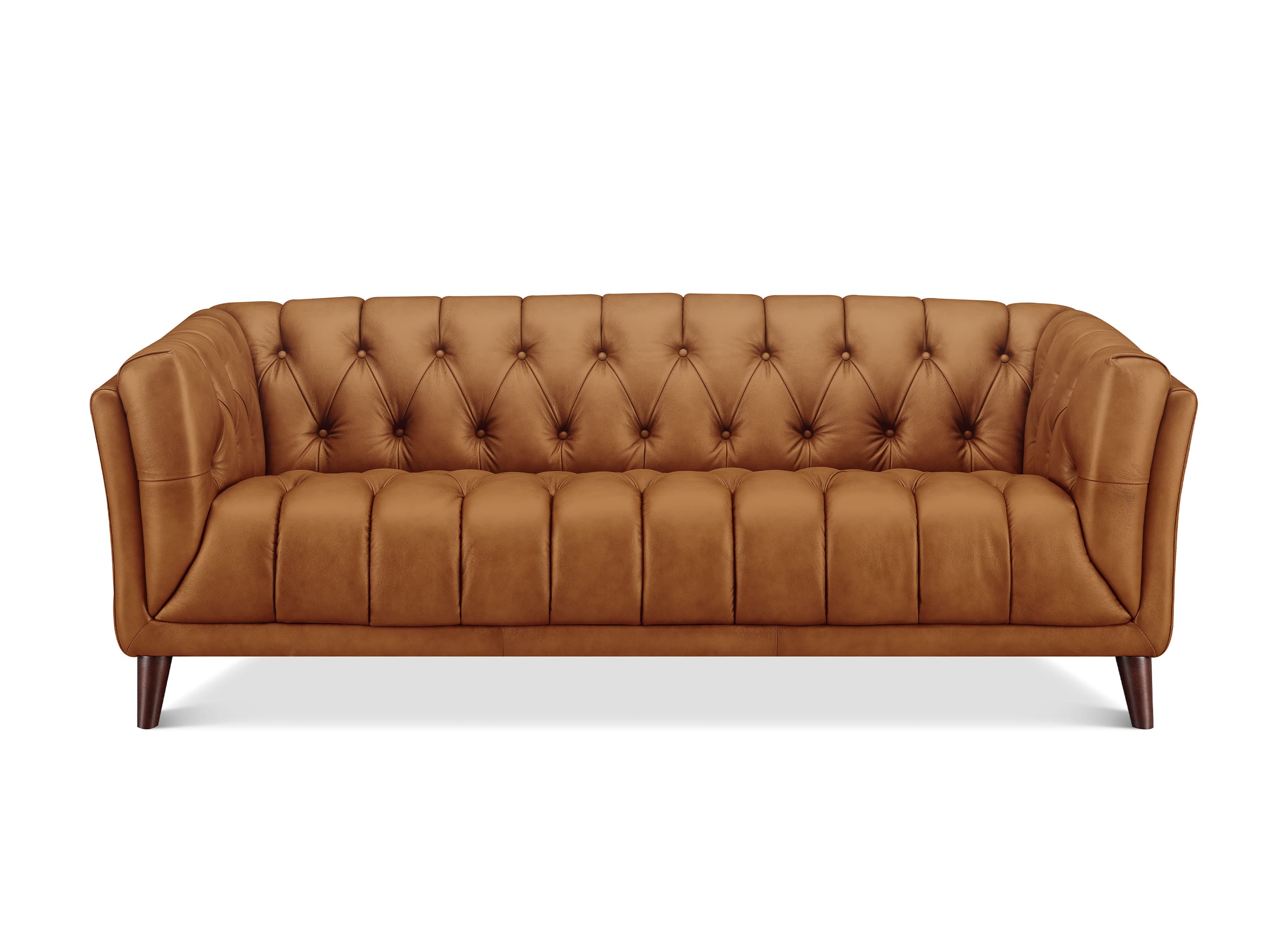 A classic Chesterfield-style loveseat sofa upholstered in warm camel brown leather, featuring deep button tufting on the backrest and seat, rolled arms, and dark wooden legs, shown against a plain white background.