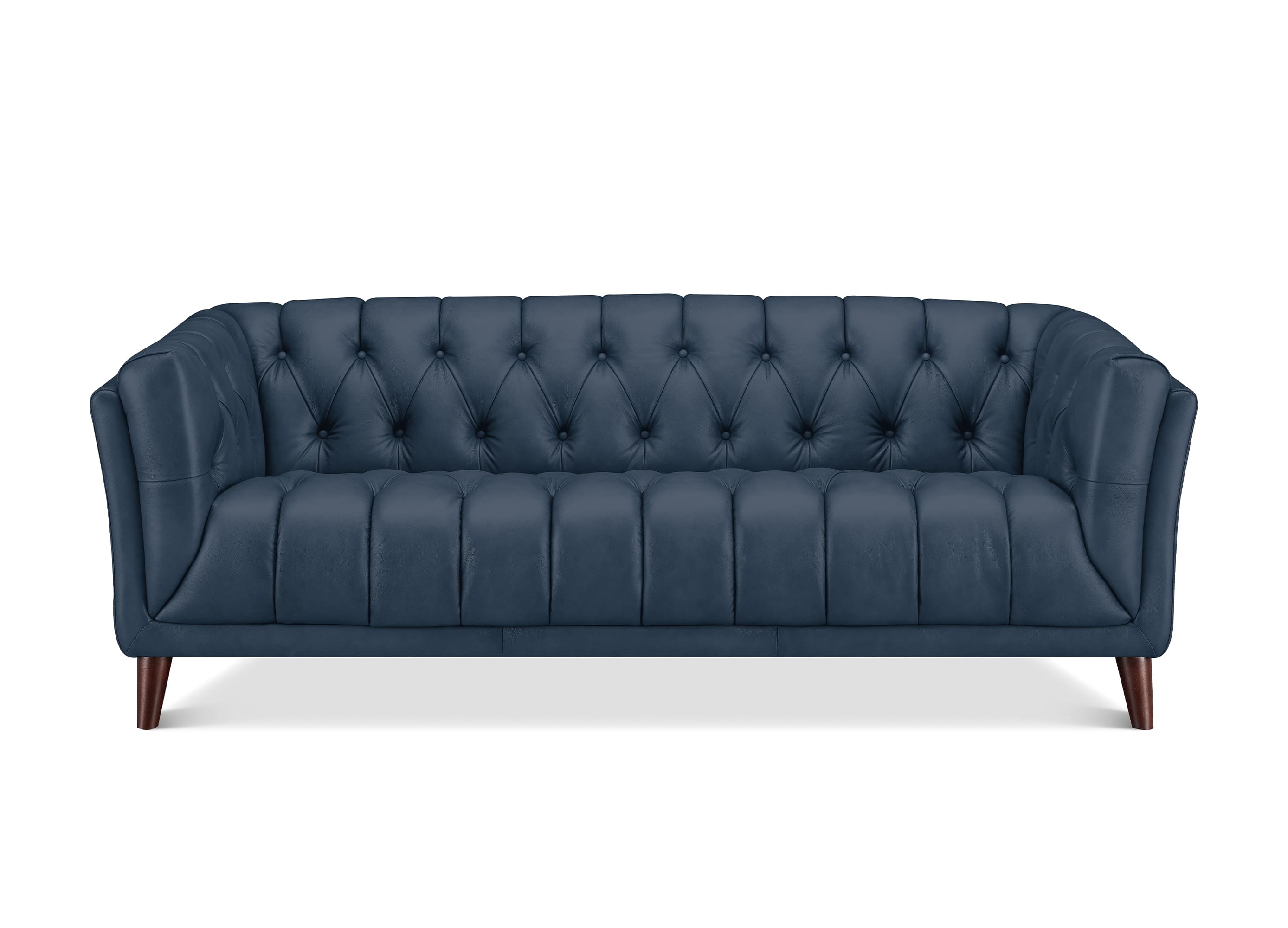 A navy blue tufted leather sofa with dark brown wooden legs, shown from a front-facing perspective against a plain white background.