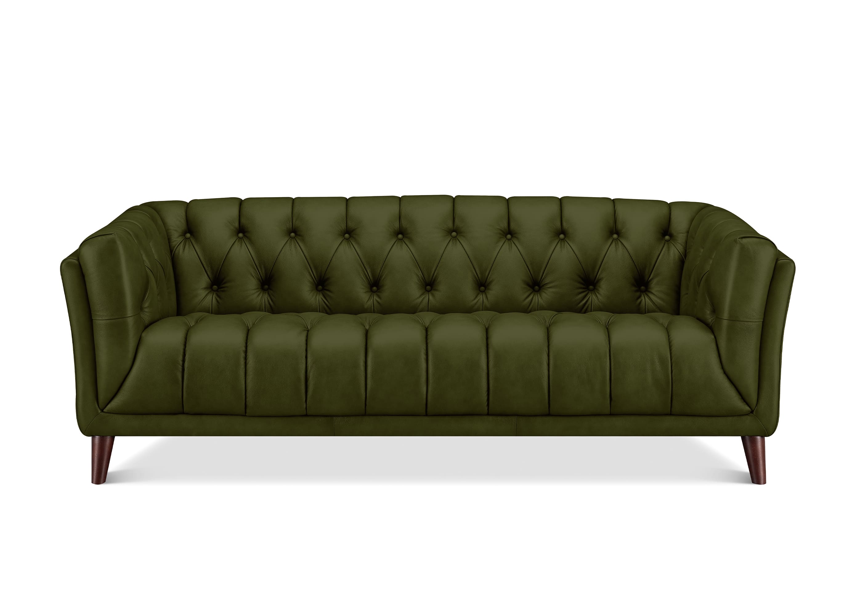 An olive green tufted leather sofa with dark brown wooden legs, shown from a front-facing perspective on a white background.