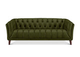 An olive green tufted leather sofa with dark brown wooden legs, shown from a front-facing perspective on a white background.
