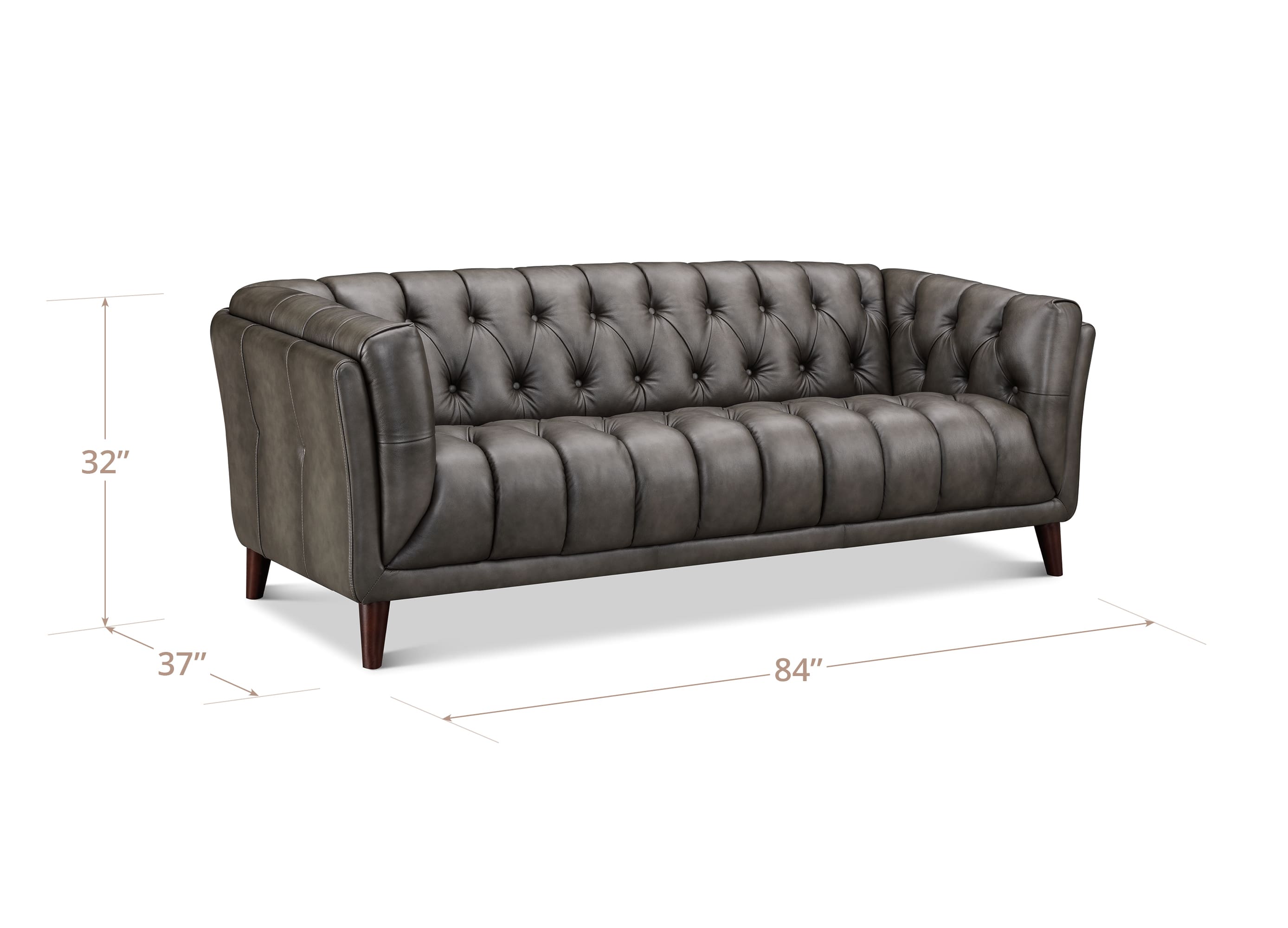 Gray tufted sofa with dimensions on a white background