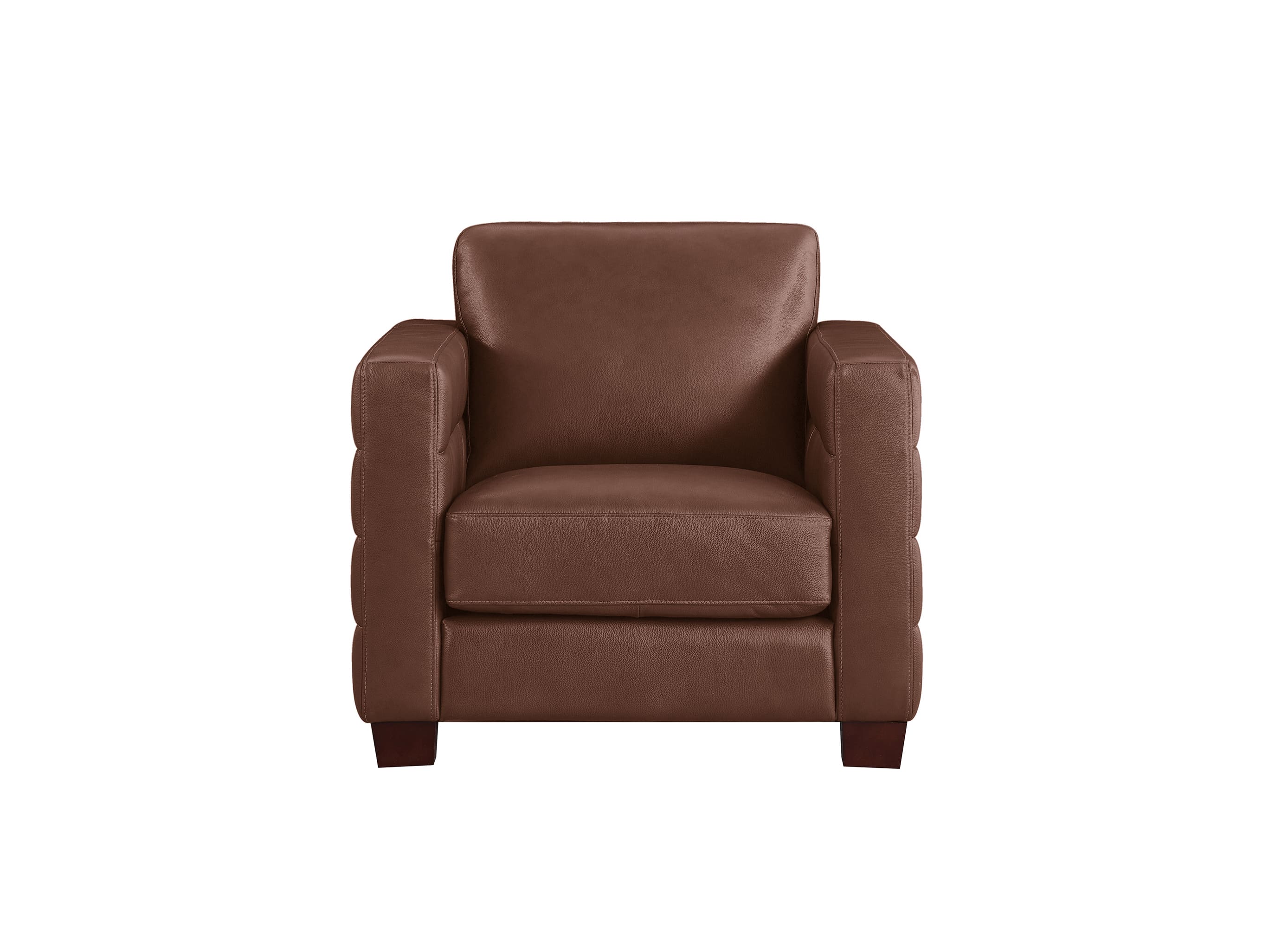 A brown leather armchair with a square backrest, padded arms, and dark wooden legs, shown against a plain white background.