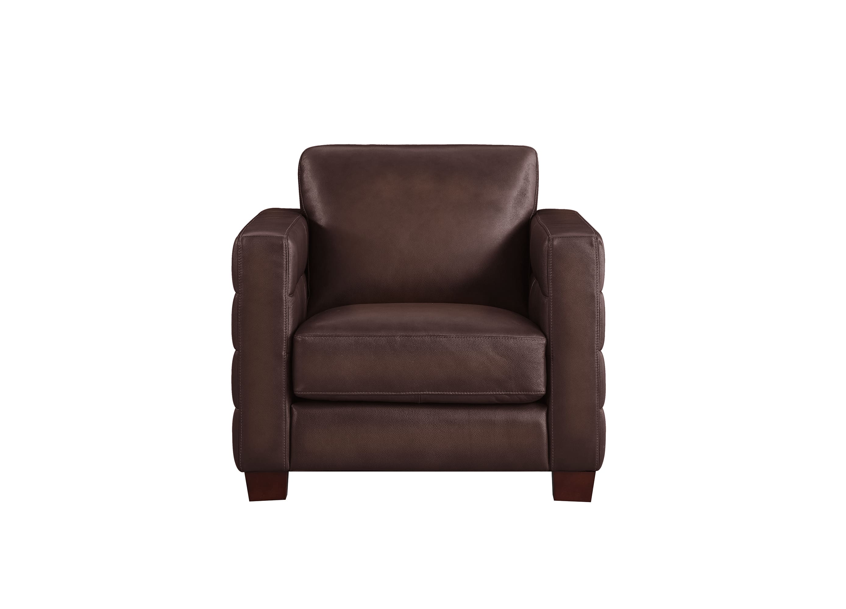 A dark brown leather armchair with a square backrest and chunky, vertically channeled arms, shown against a plain white background.
