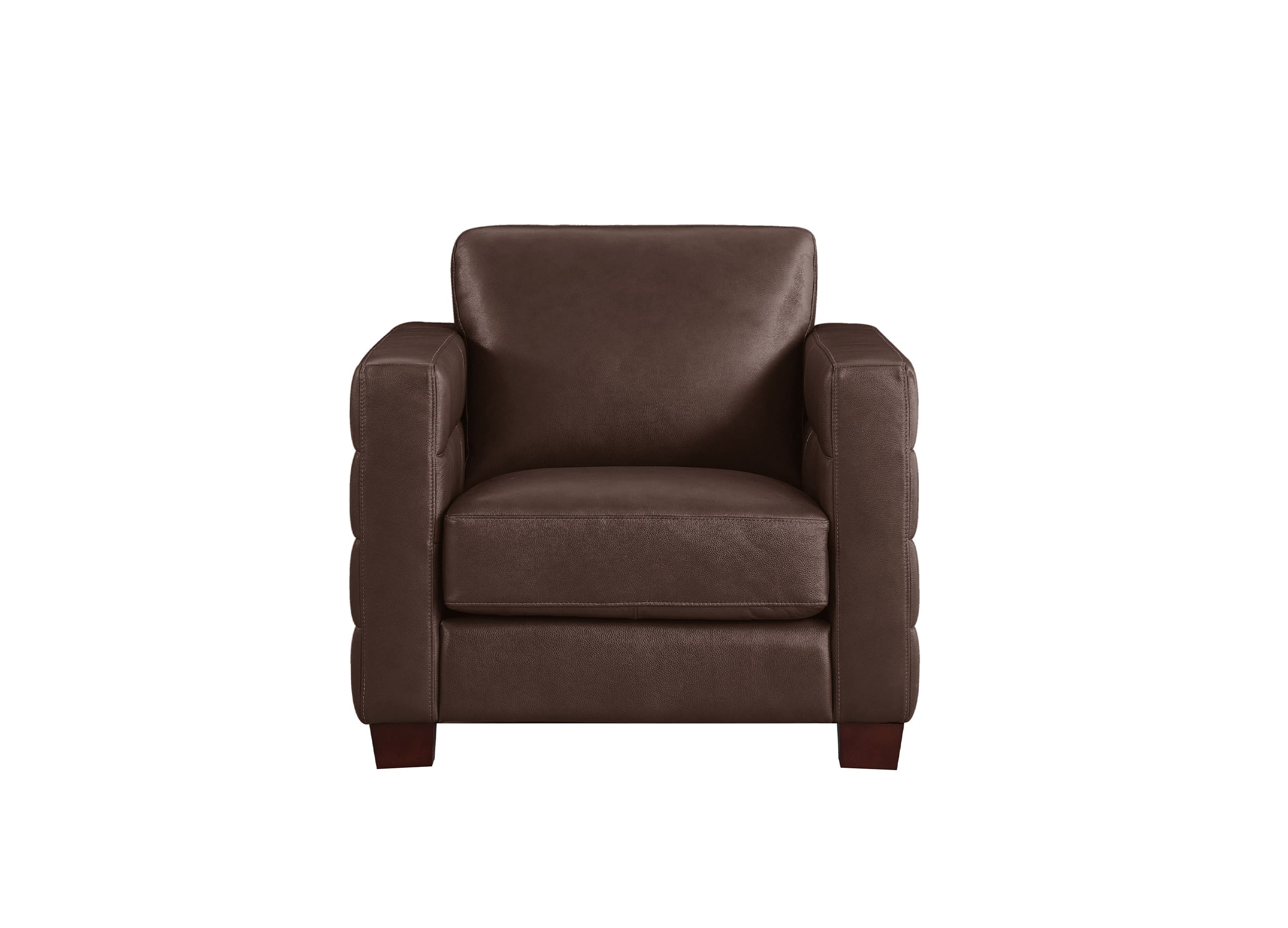 A brown leather armchair with a tufted button design on the sides and small dark wooden feet, shown against a plain white background.