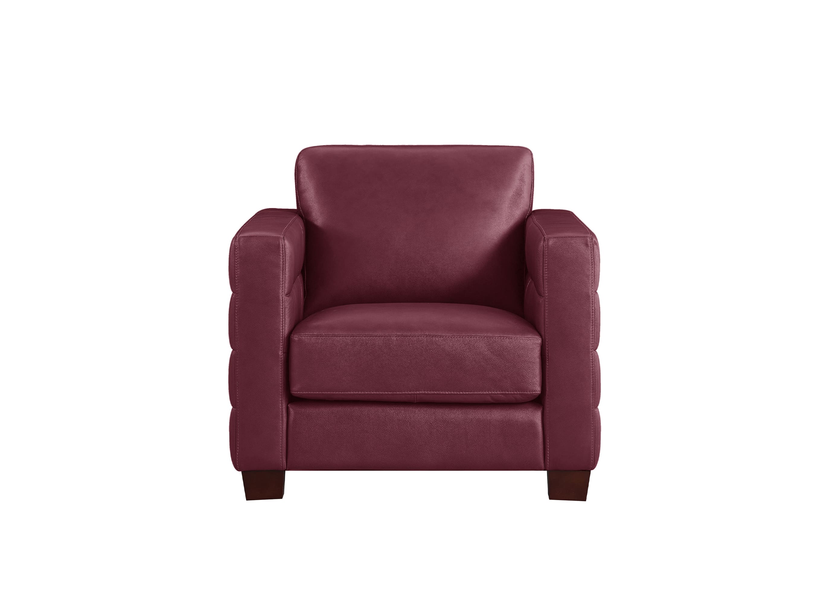 A single upholstered armchair in a deep burgundy or plum-colored fabric, shown from the front against a plain white background.