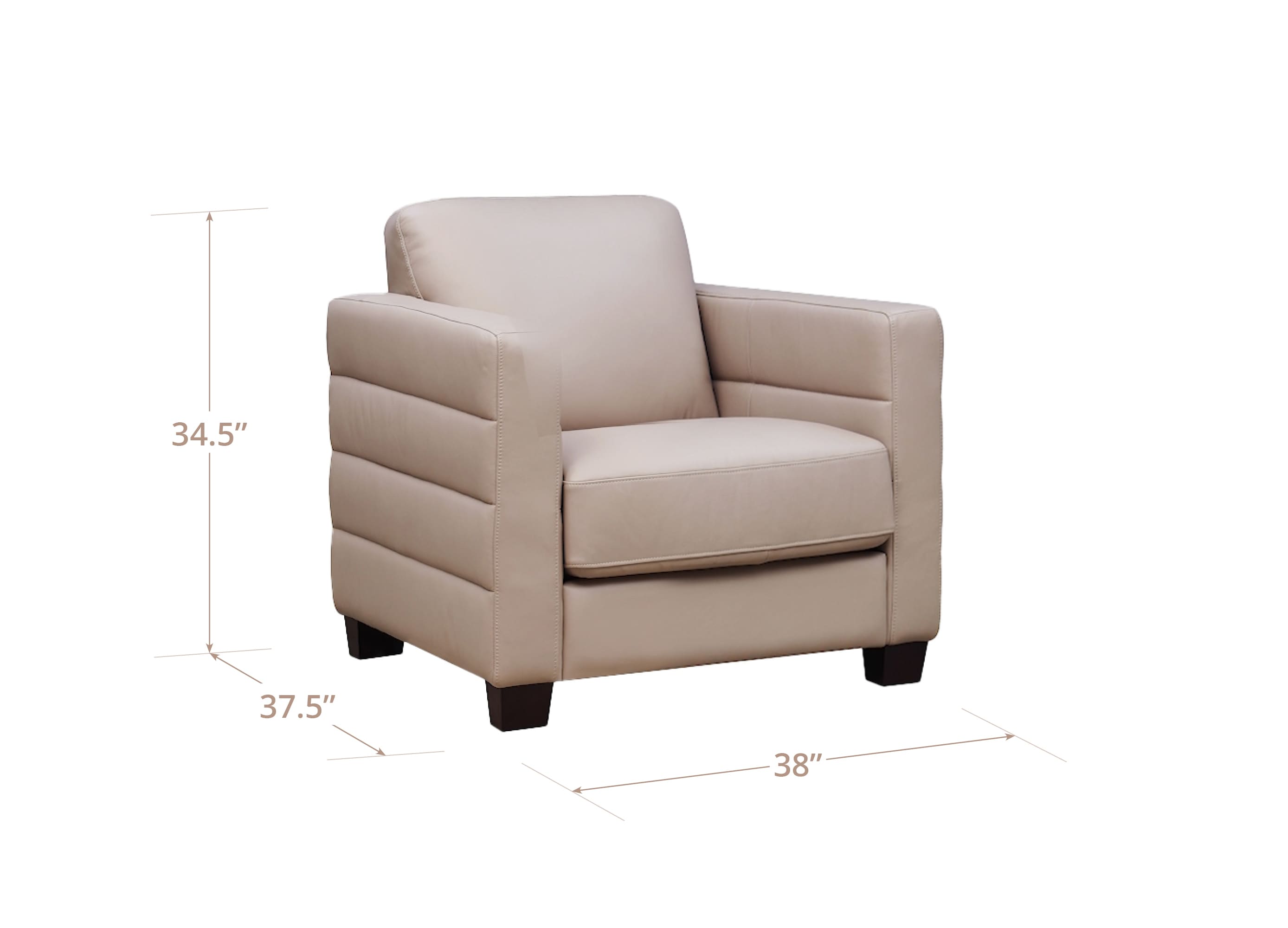 A beige upholstered armchair with dimension lines and measurements showing 34.5 inches in height, 37.