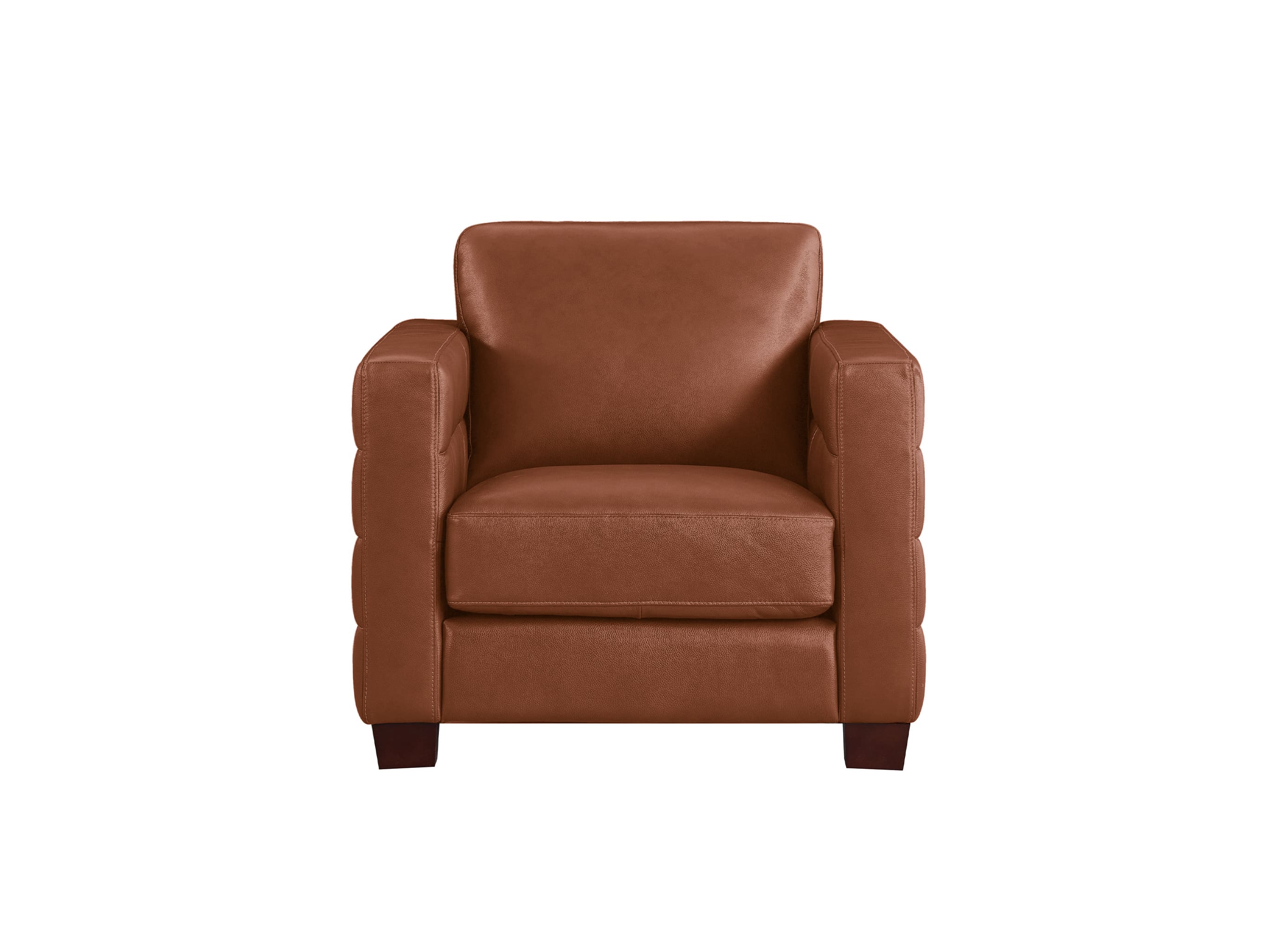 A brown leather armchair with a square backrest, padded arms, and dark wooden legs, shown against a plain white background.