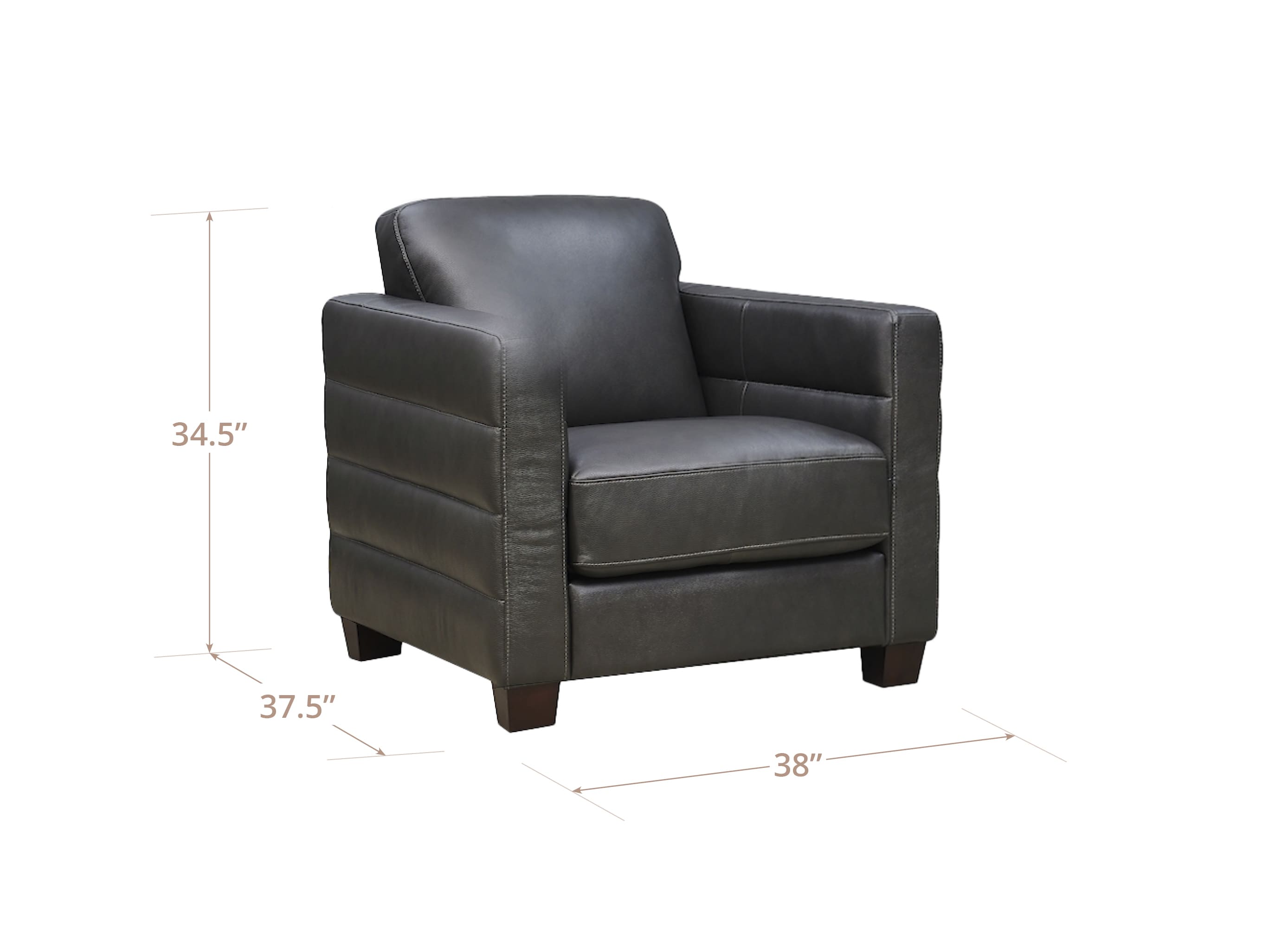 A dark gray leather armchair with dimension lines and measurements showing its height of 34.5 inches, depth of 37.