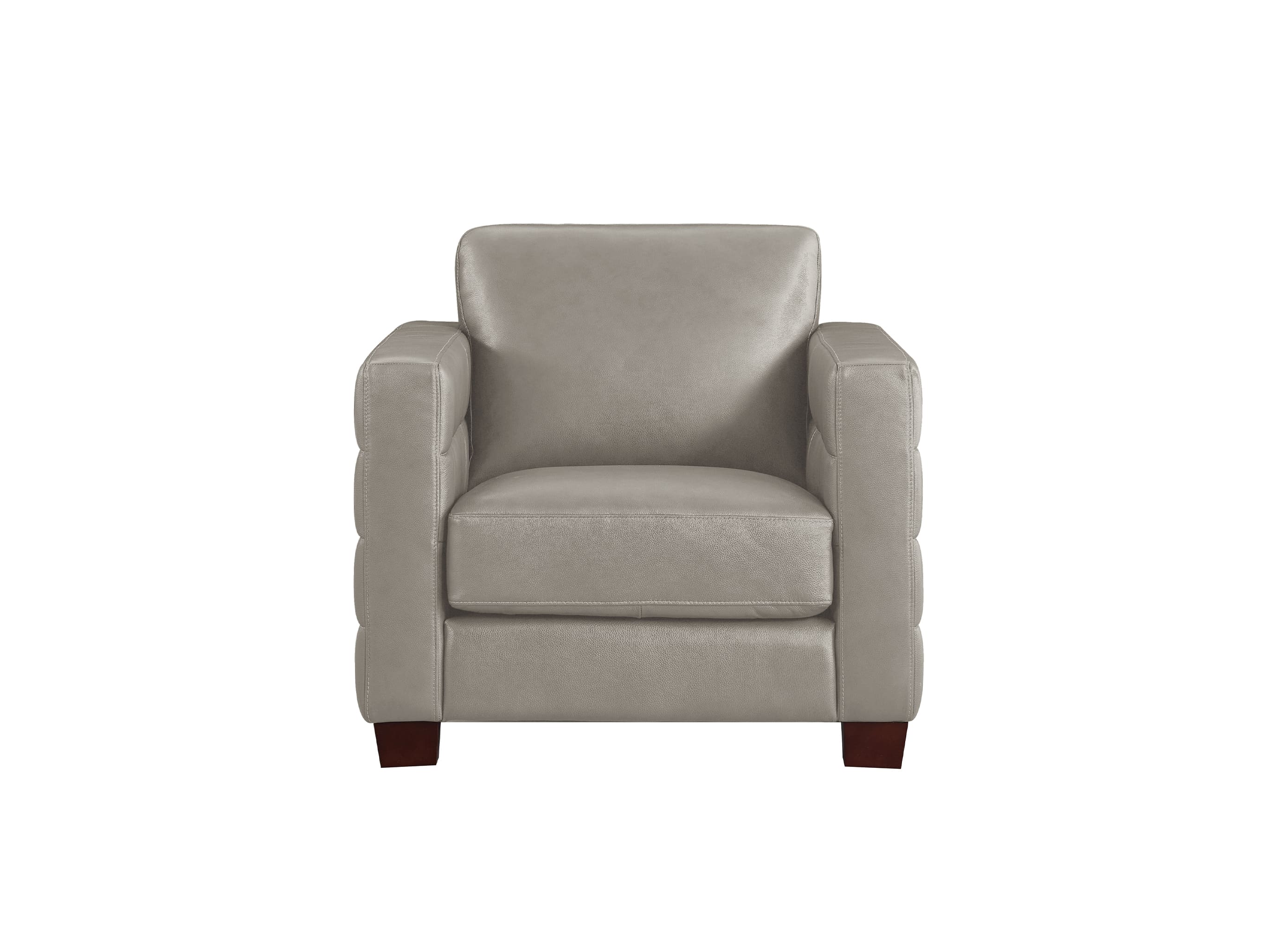 A light beige upholstered armchair with a high back, square arms, and dark brown wooden legs, shown against a plain white background.