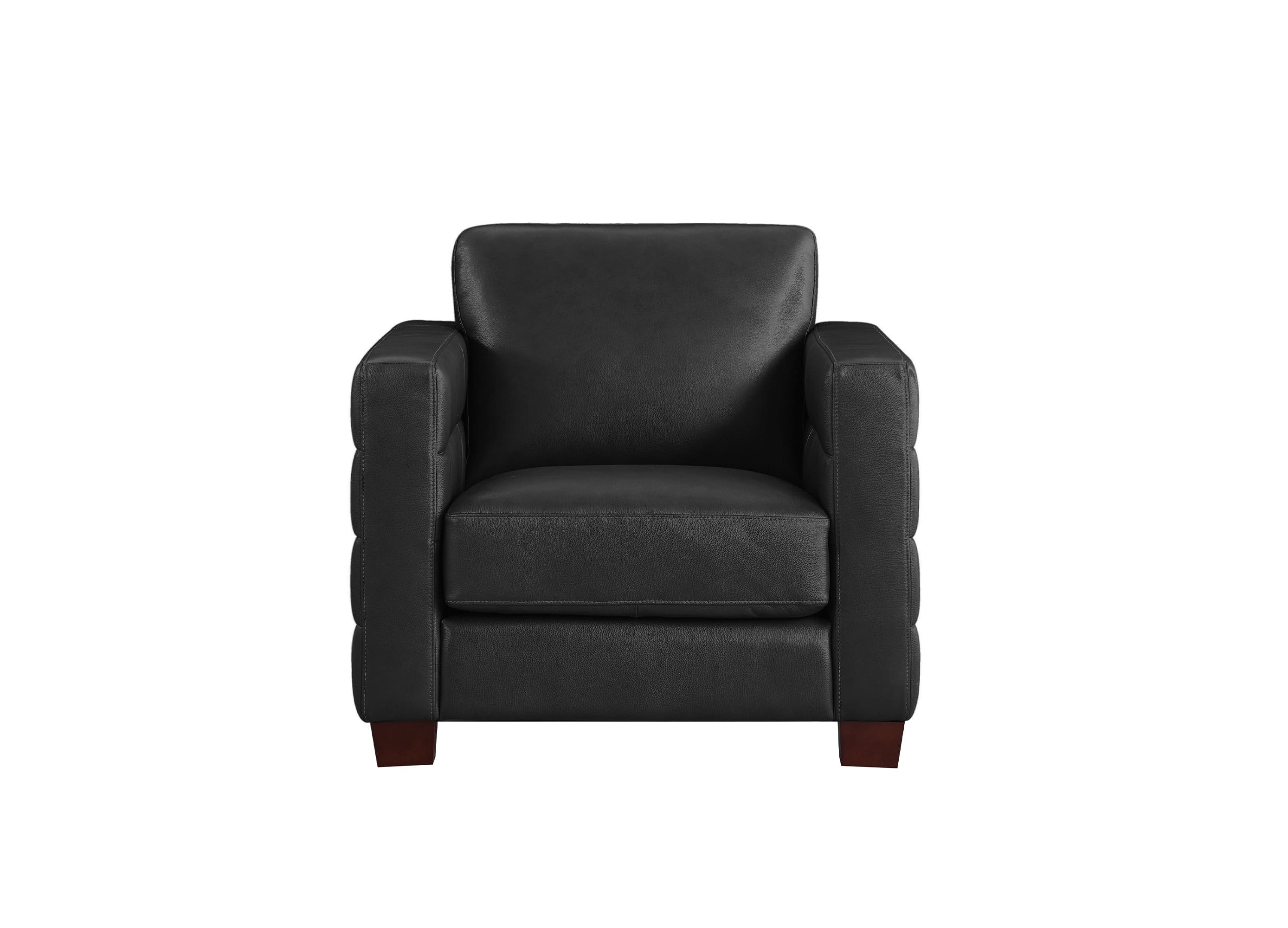 A black leather armchair with a tufted button design on the arms and legs, shown against a plain white background.