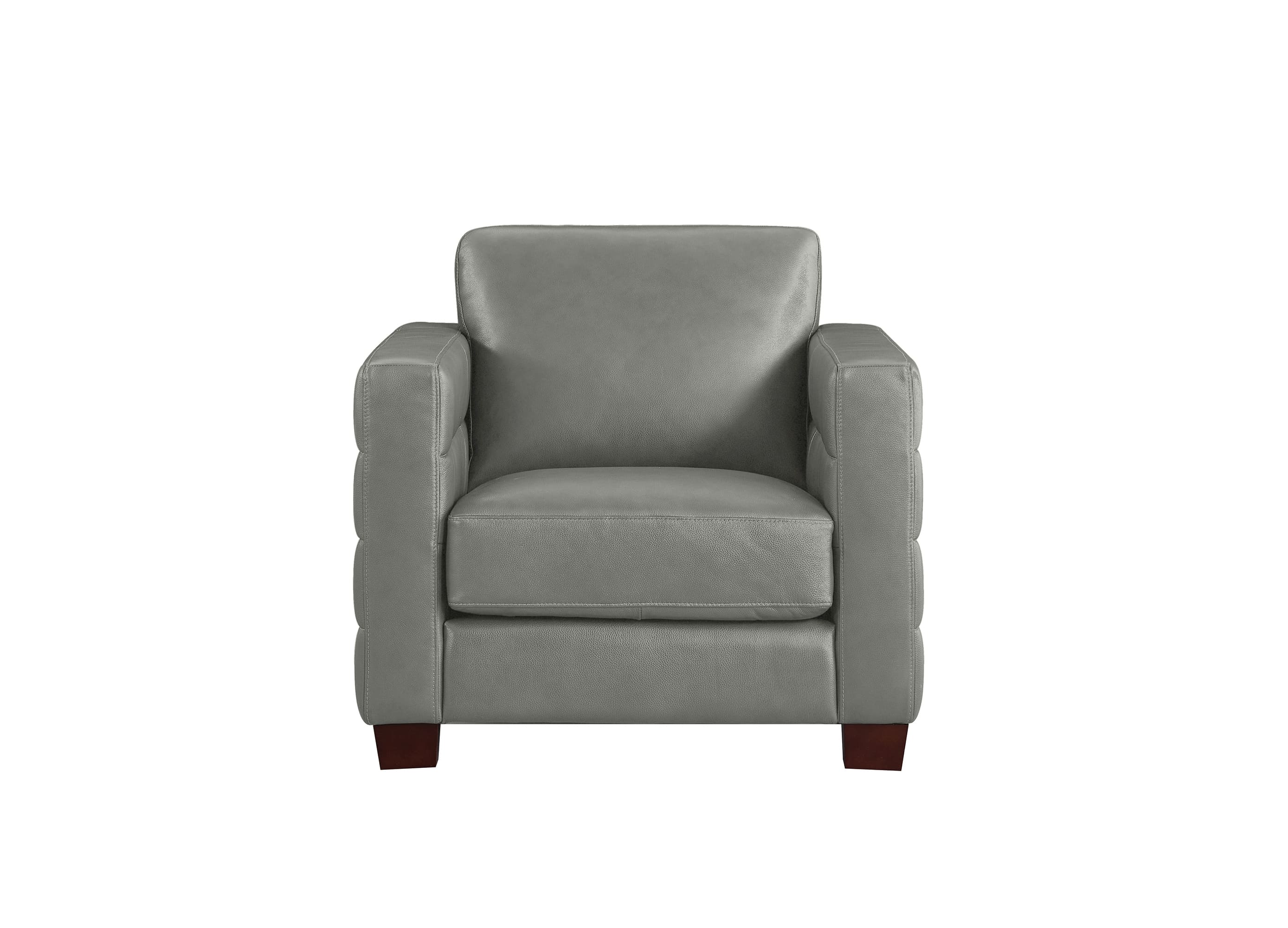 A light gray upholstered armchair with square arms and dark brown wooden legs, shown against a plain white background.