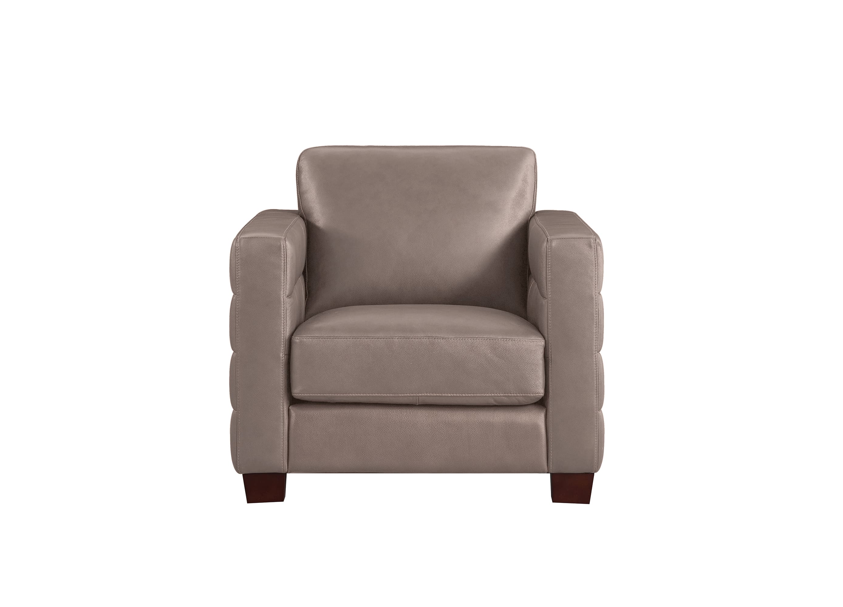 A single upholstered armchair in a taupe-gray fabric with dark brown wooden legs, shown from the front against a plain white background.