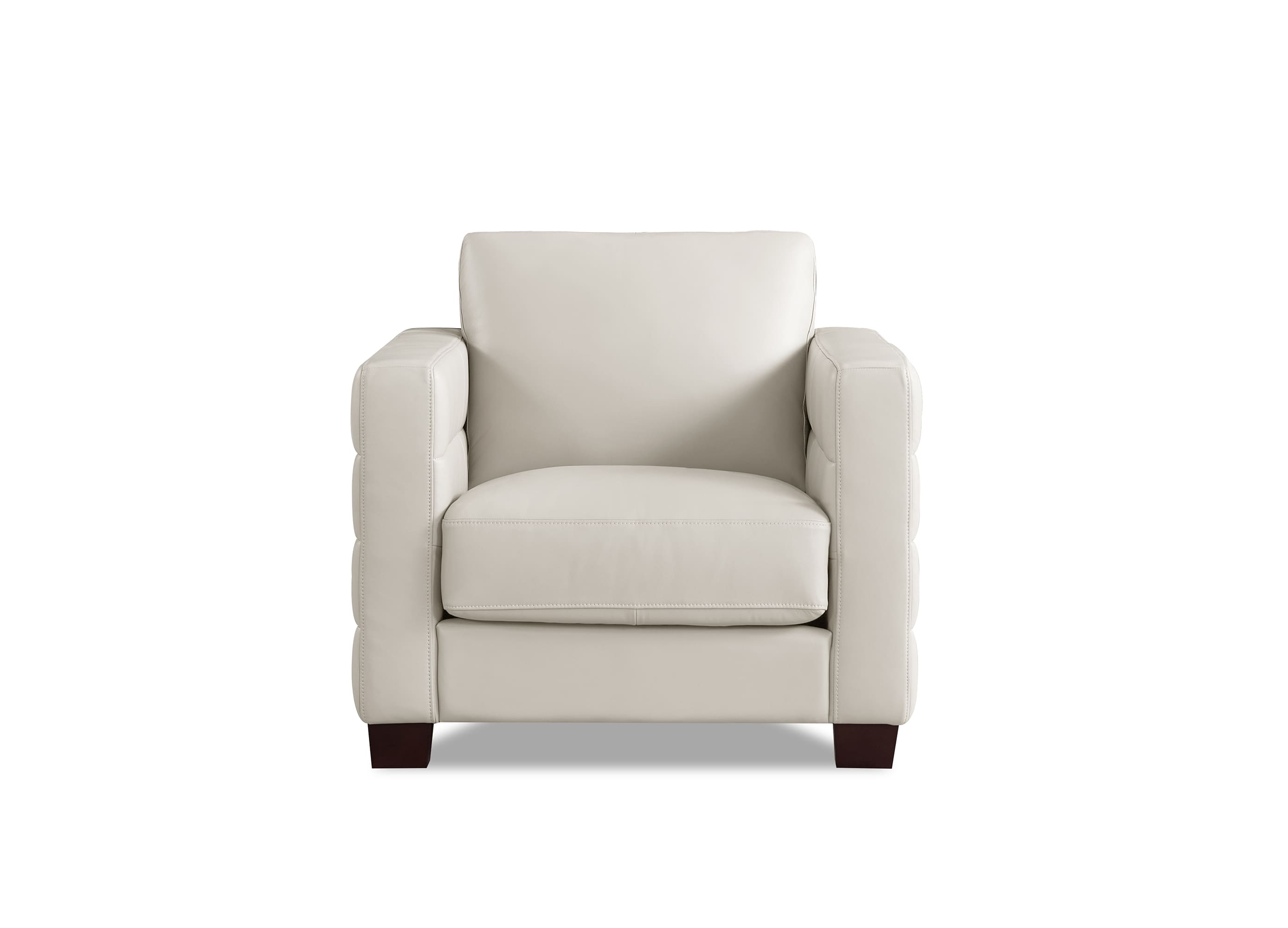 A modern off-white leather armchair with dark brown wooden legs, shown from a front-facing perspective on a solid white background.