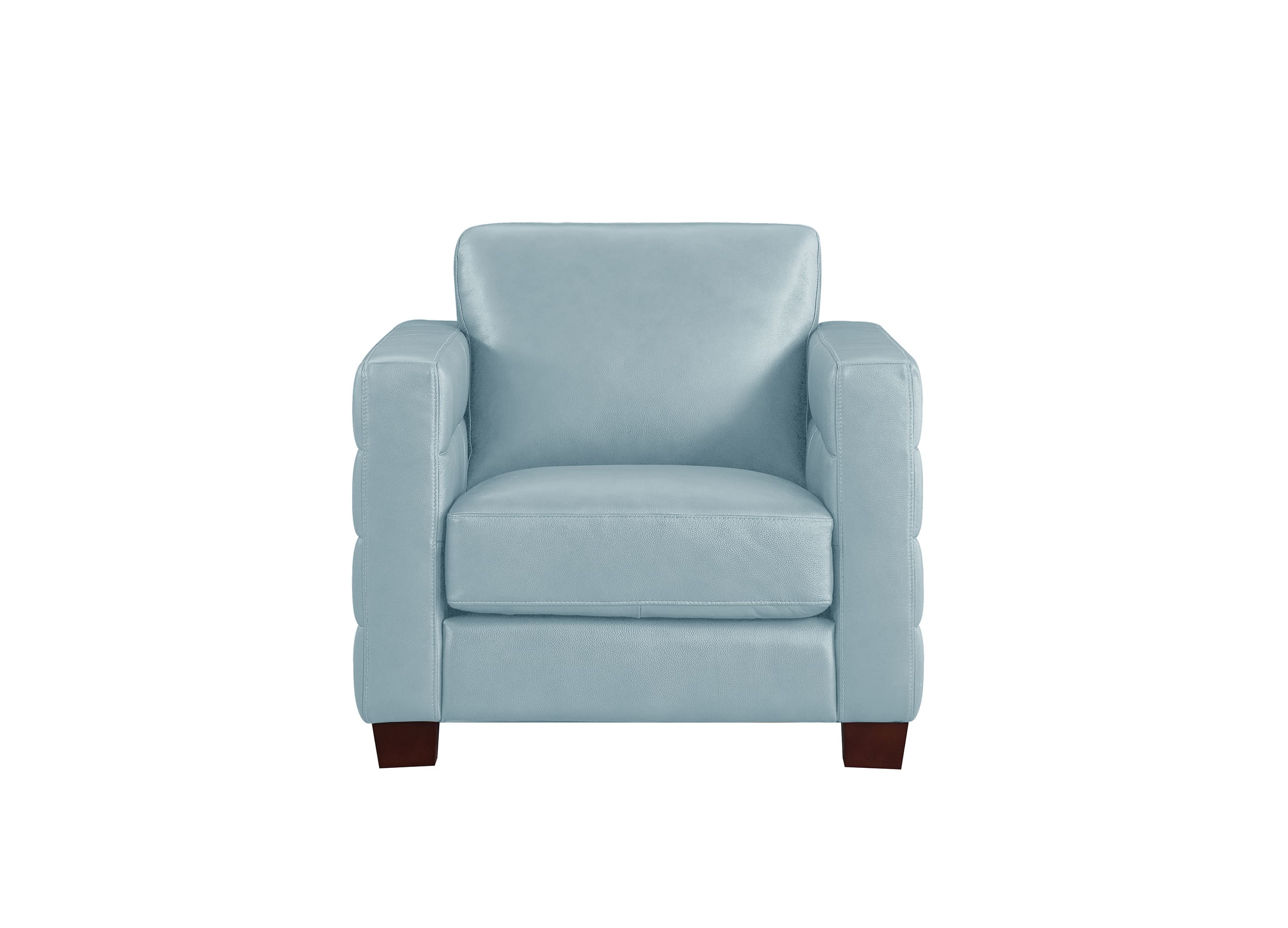 A light blue upholstered armchair with square arms, a padded seat cushion, and dark brown wooden legs, shown against a plain white background.