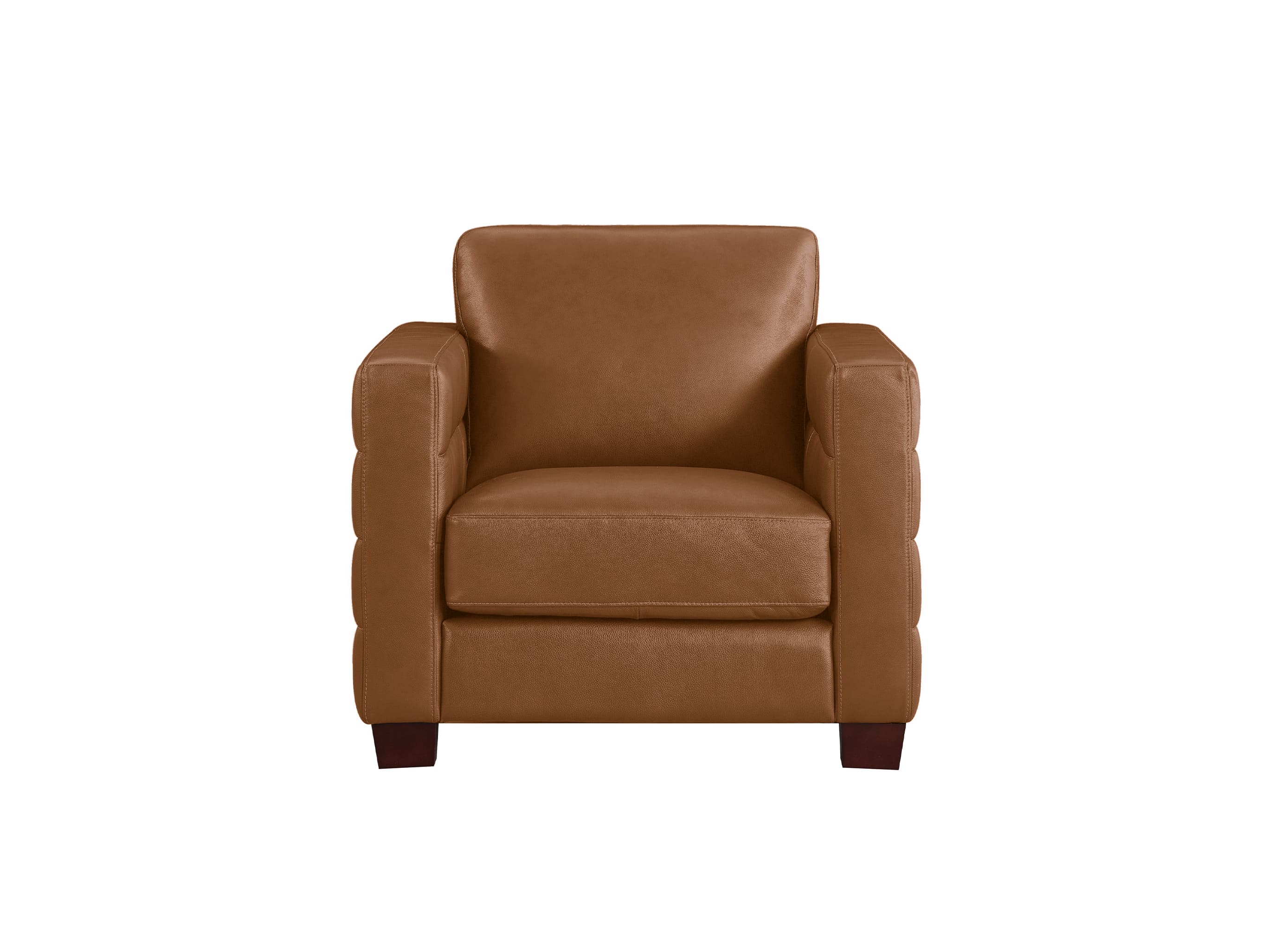 A single upholstered armchair in warm tan-brown leather with dark wooden legs, shown against a plain white background.