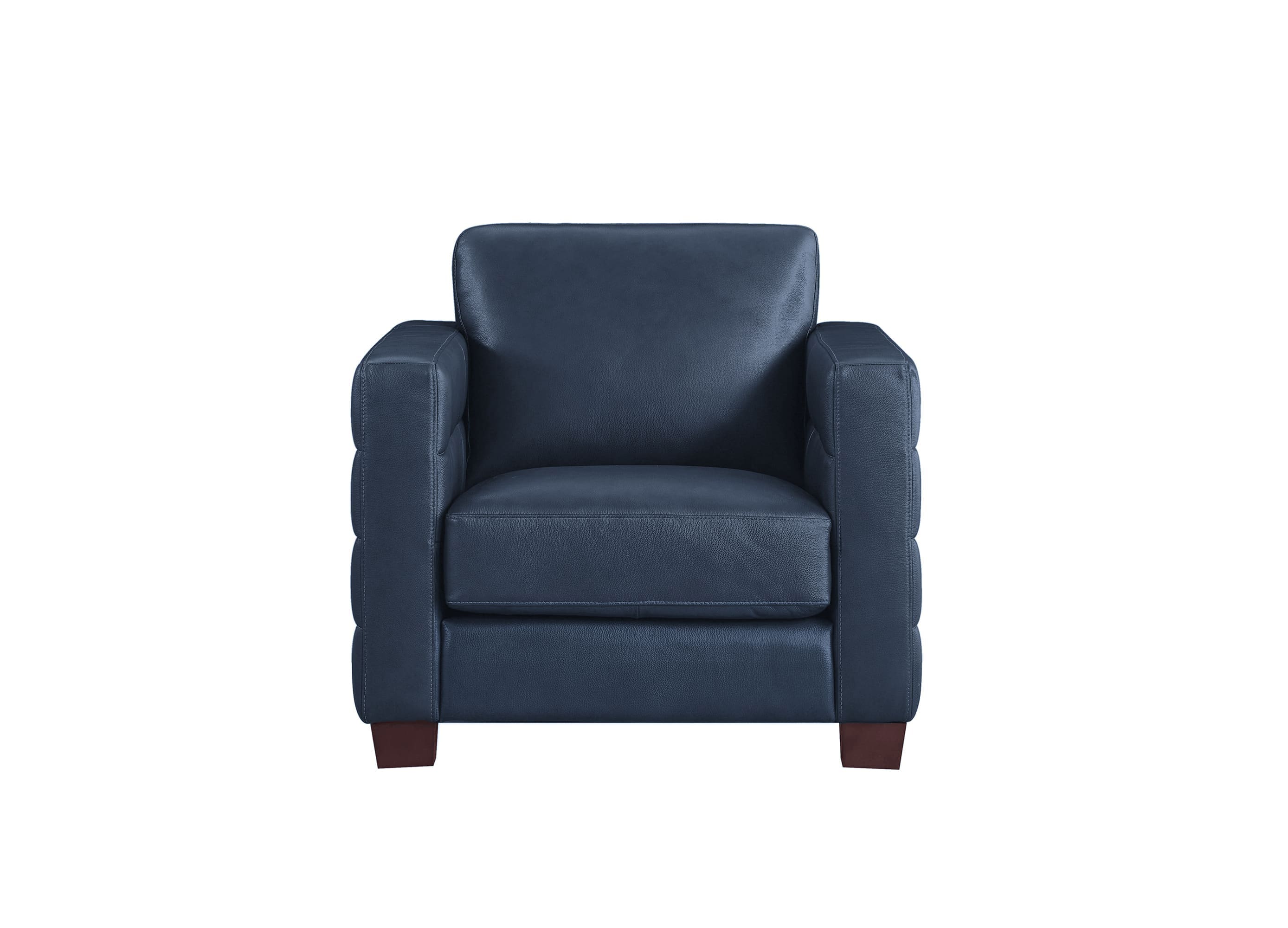 A single upholstered armchair in dark blue fabric with square tufted arm details and short dark wood legs, shown against a plain white background.