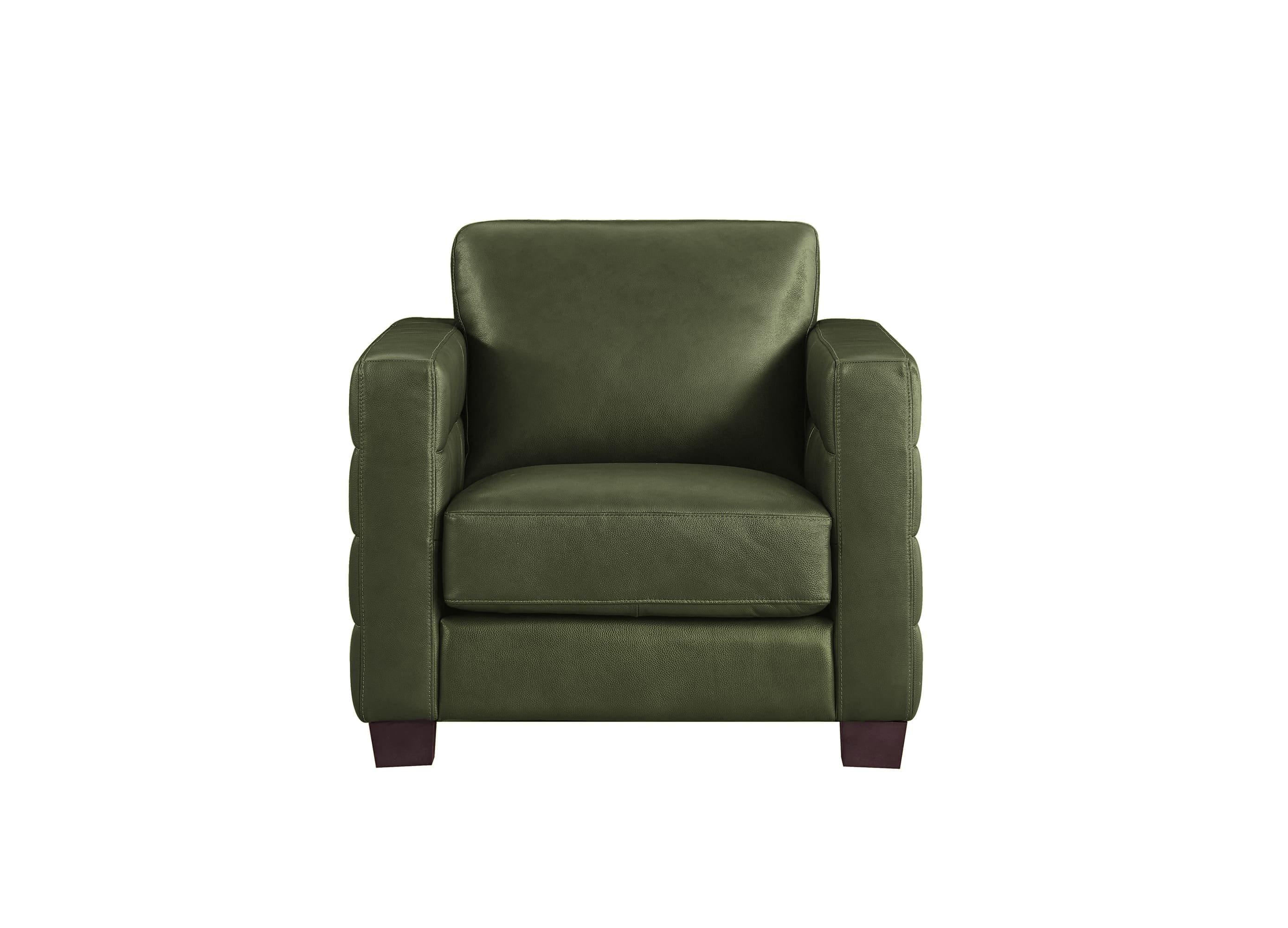 An olive green upholstered armchair with square arms and dark wooden legs, shown against a plain white background.