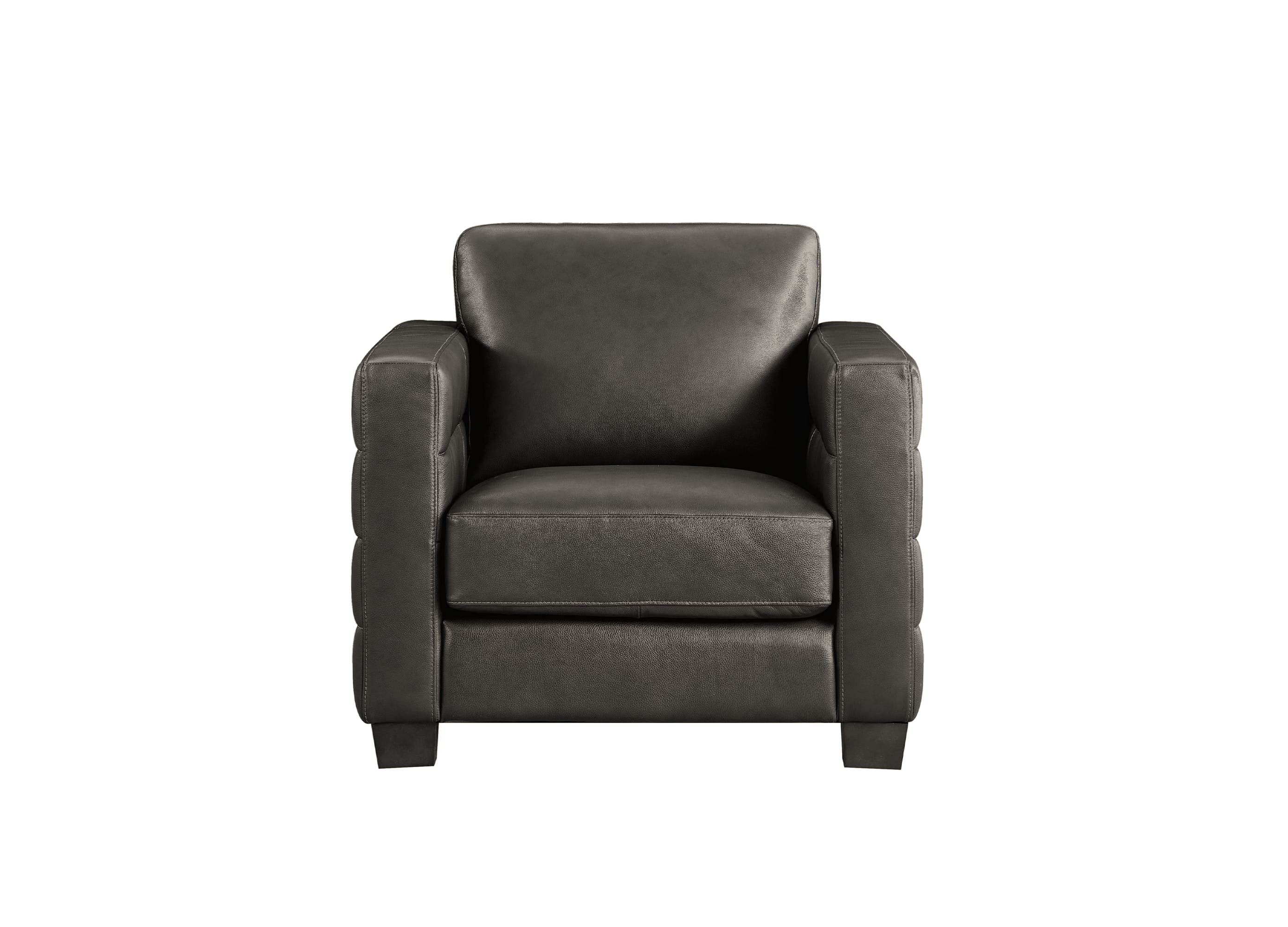 A dark gray upholstered armchair with square arms and a low back, shown from the front on a plain white background.