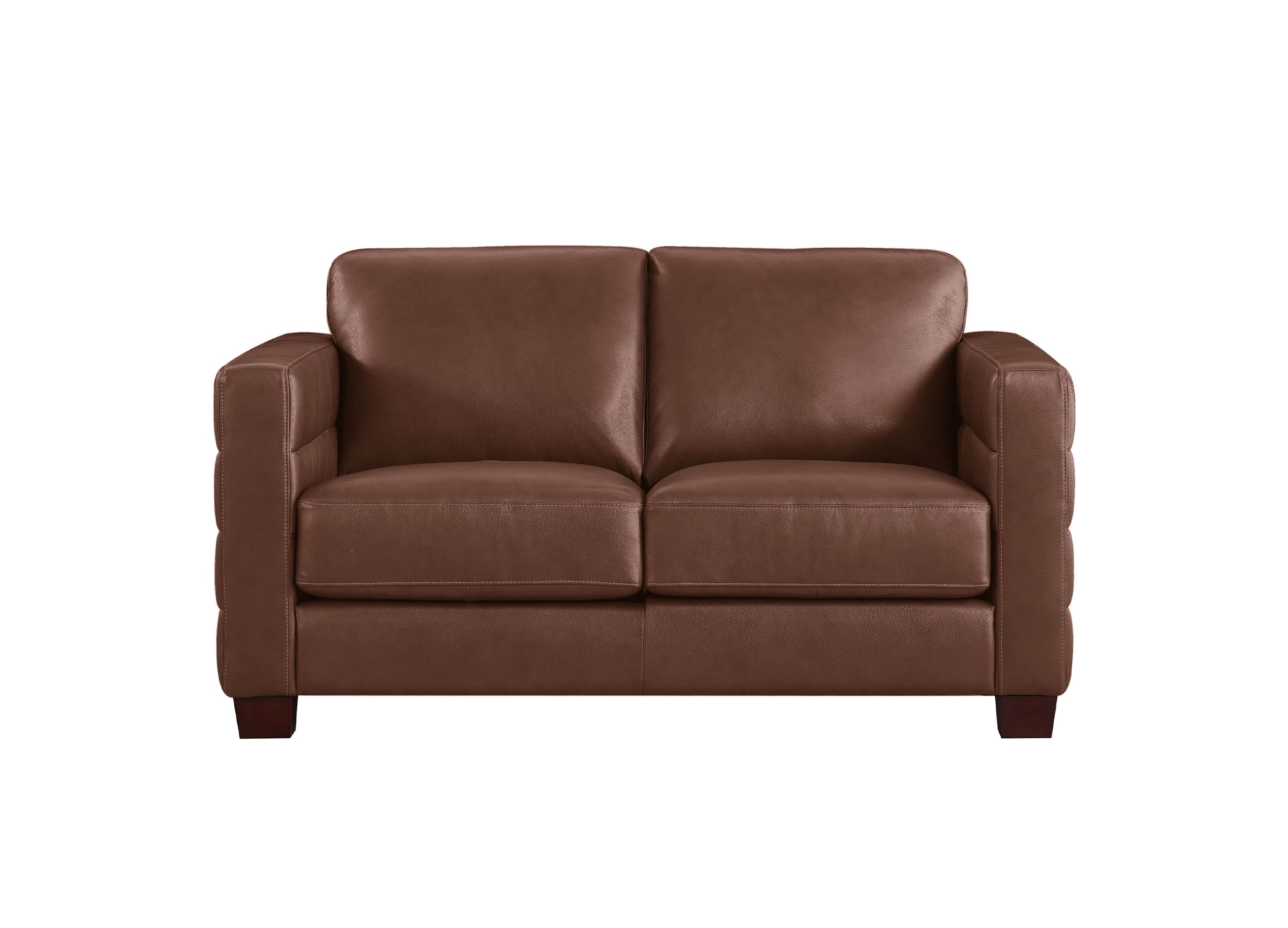 A brown leather loveseat sofa with square arms and dark wooden legs, shown from a front-facing perspective on a solid white background.
