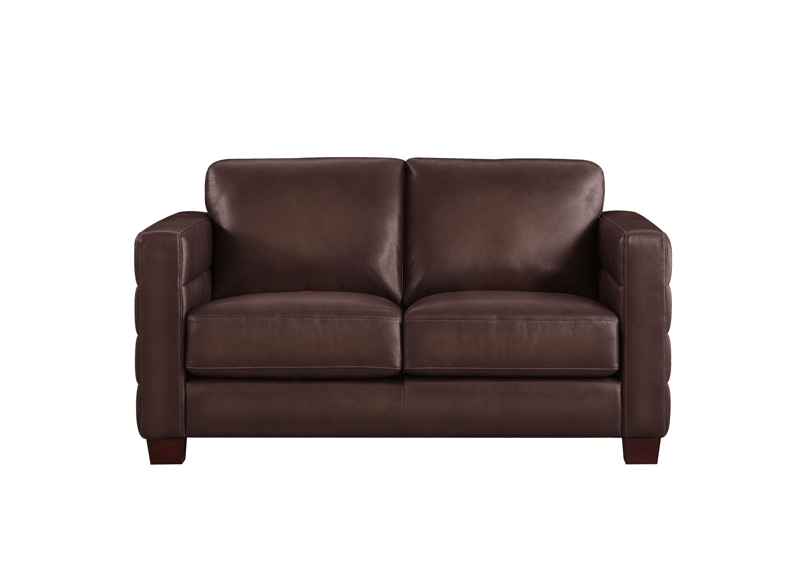 A dark brown leather loveseat sofa with square arms and short dark wooden legs, shown from a front-facing perspective on a solid white background.
