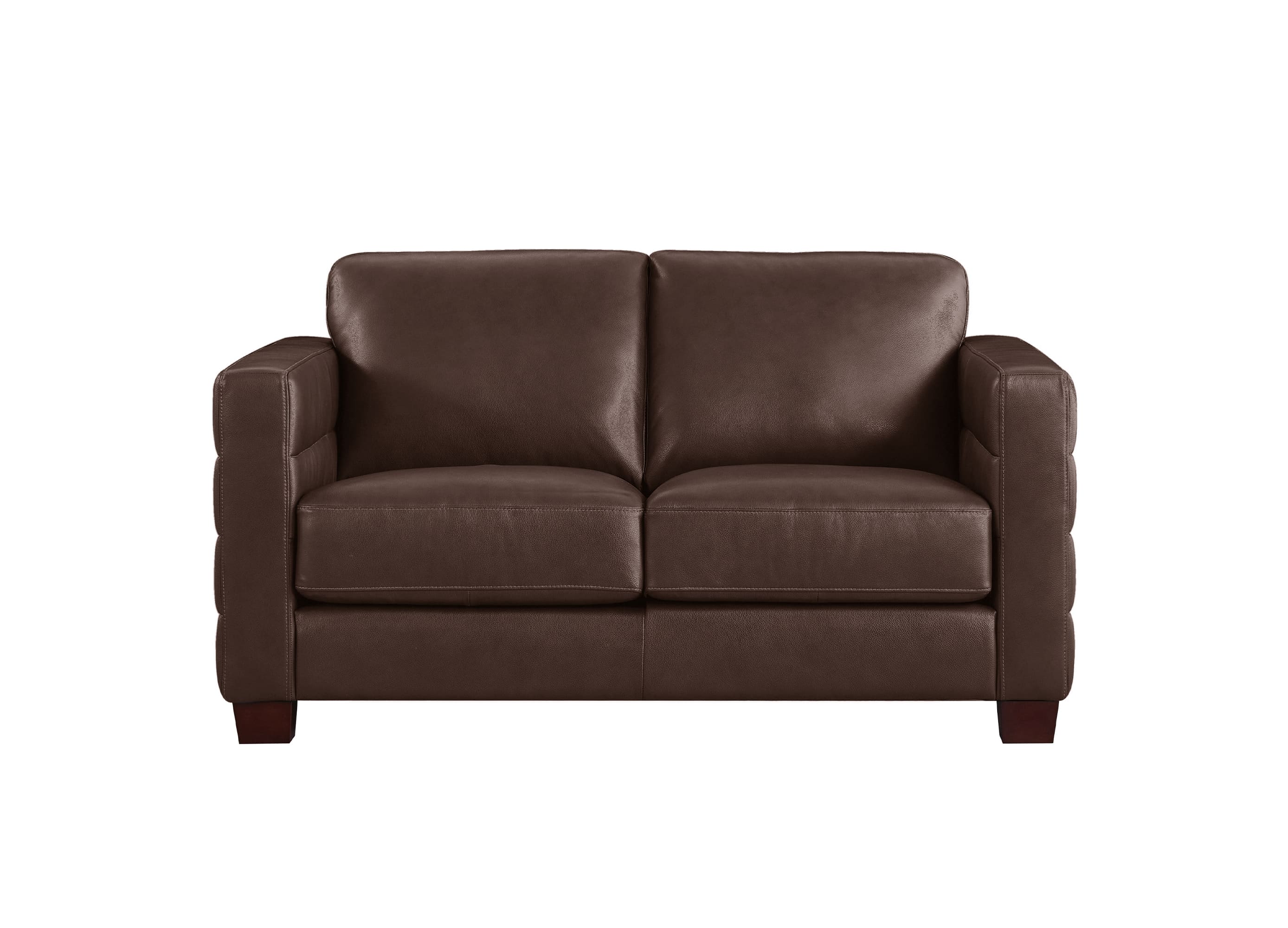 A dark brown leather loveseat sofa with square arms and dark wooden legs, shown from a front-facing perspective on a solid white background.