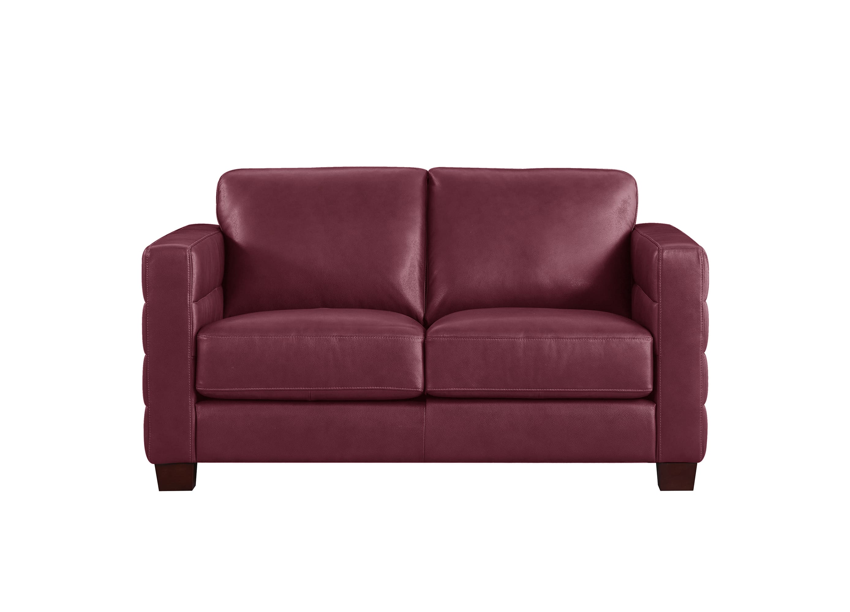 A two-seater loveseat sofa upholstered in deep burgundy leather, shown from a front-facing perspective against a solid white background.