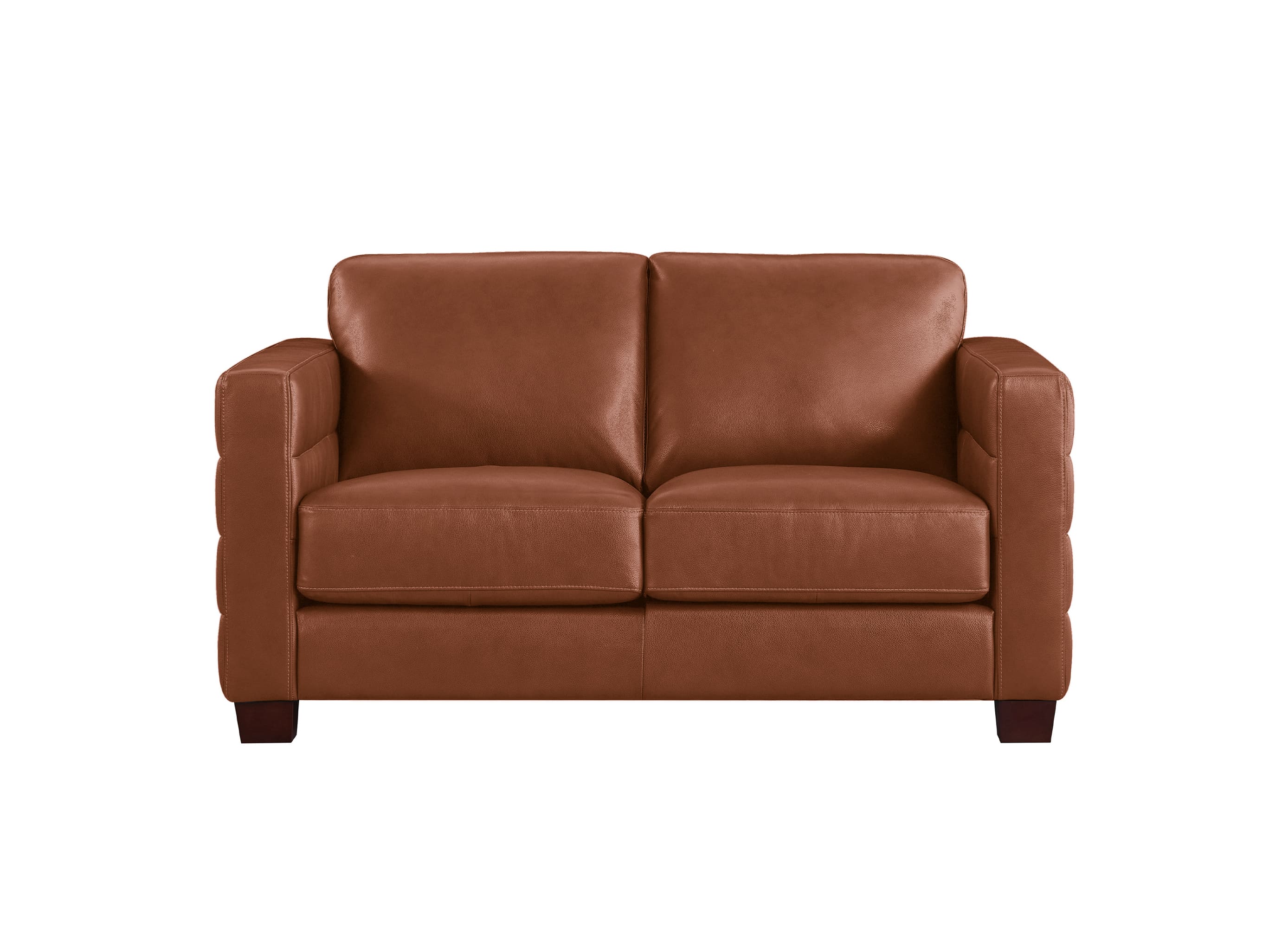 A two-seater loveseat sofa upholstered in smooth brown leather, shown from a front-facing perspective on a solid white background.