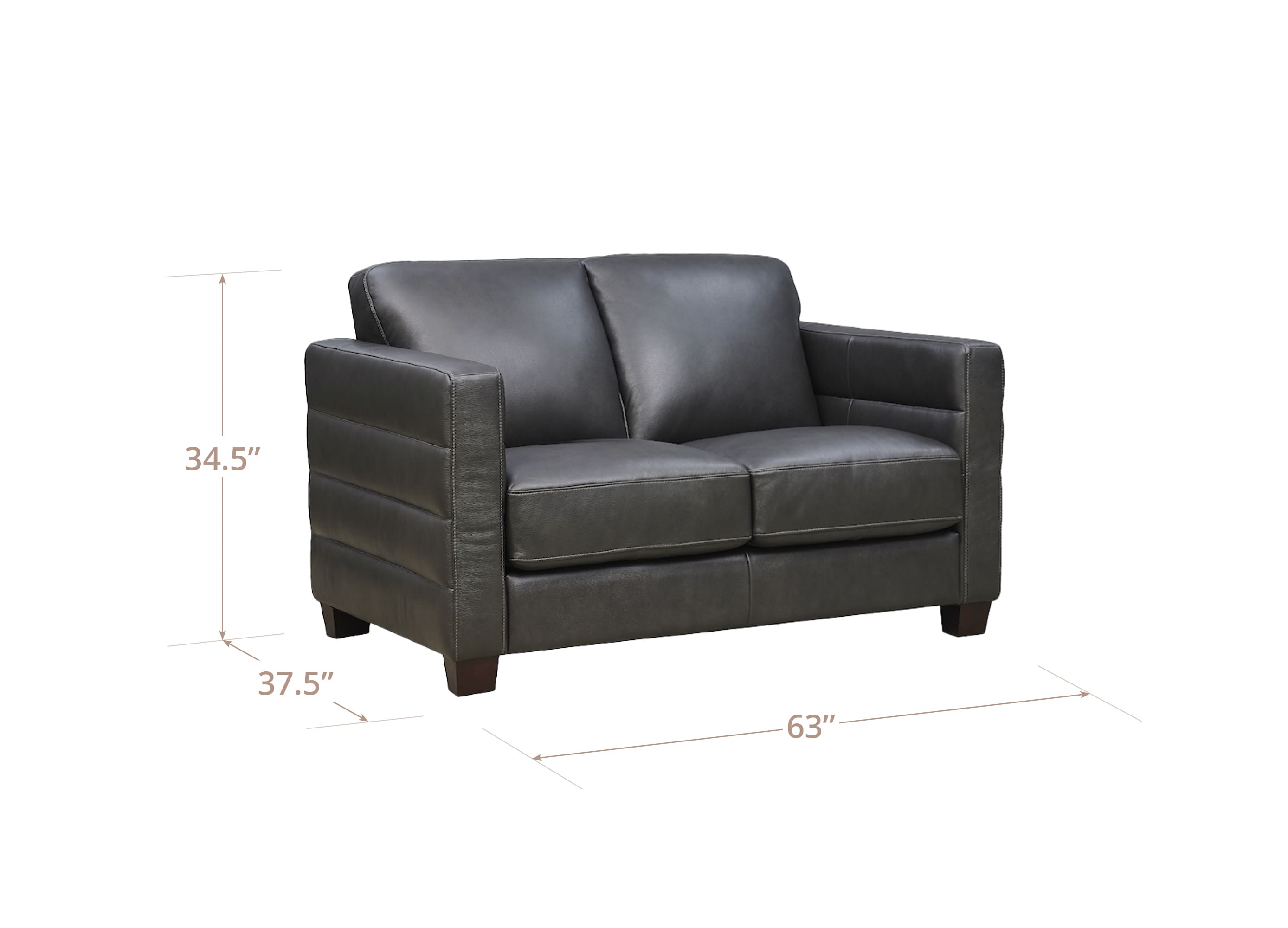 A dark gray leather loveseat with dimension lines and labels showing its height of 34.5 inches, width of 37.