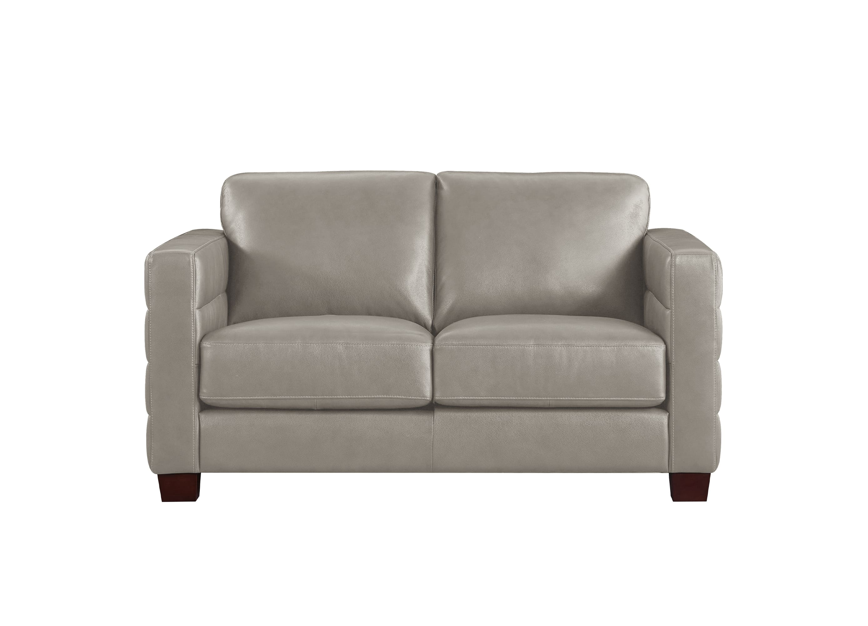 A two-seater loveseat sofa upholstered in light taupe leather, featuring dark brown wooden legs, shown against a plain white background.