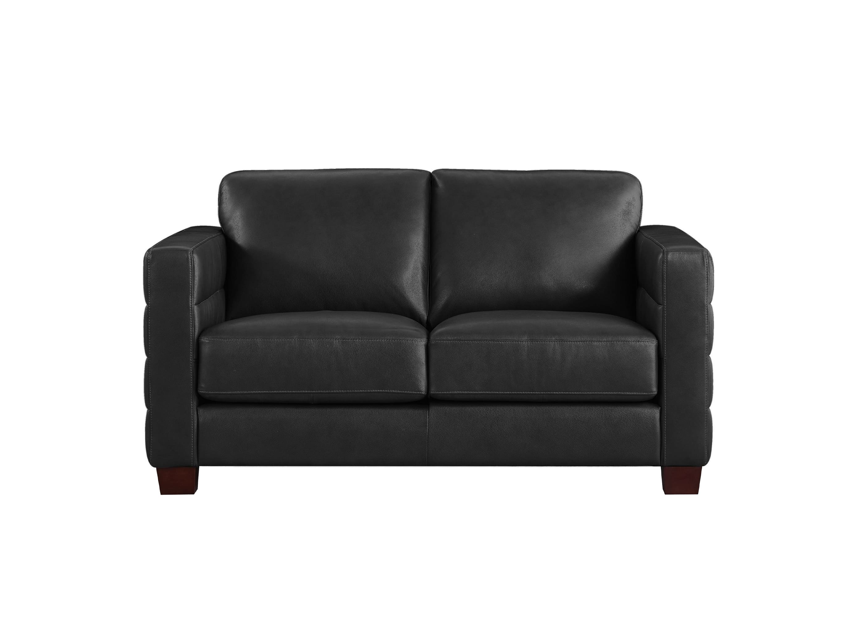 A black leather loveseat sofa with square arms and dark wood legs, shown from a front-facing perspective on a solid white background.