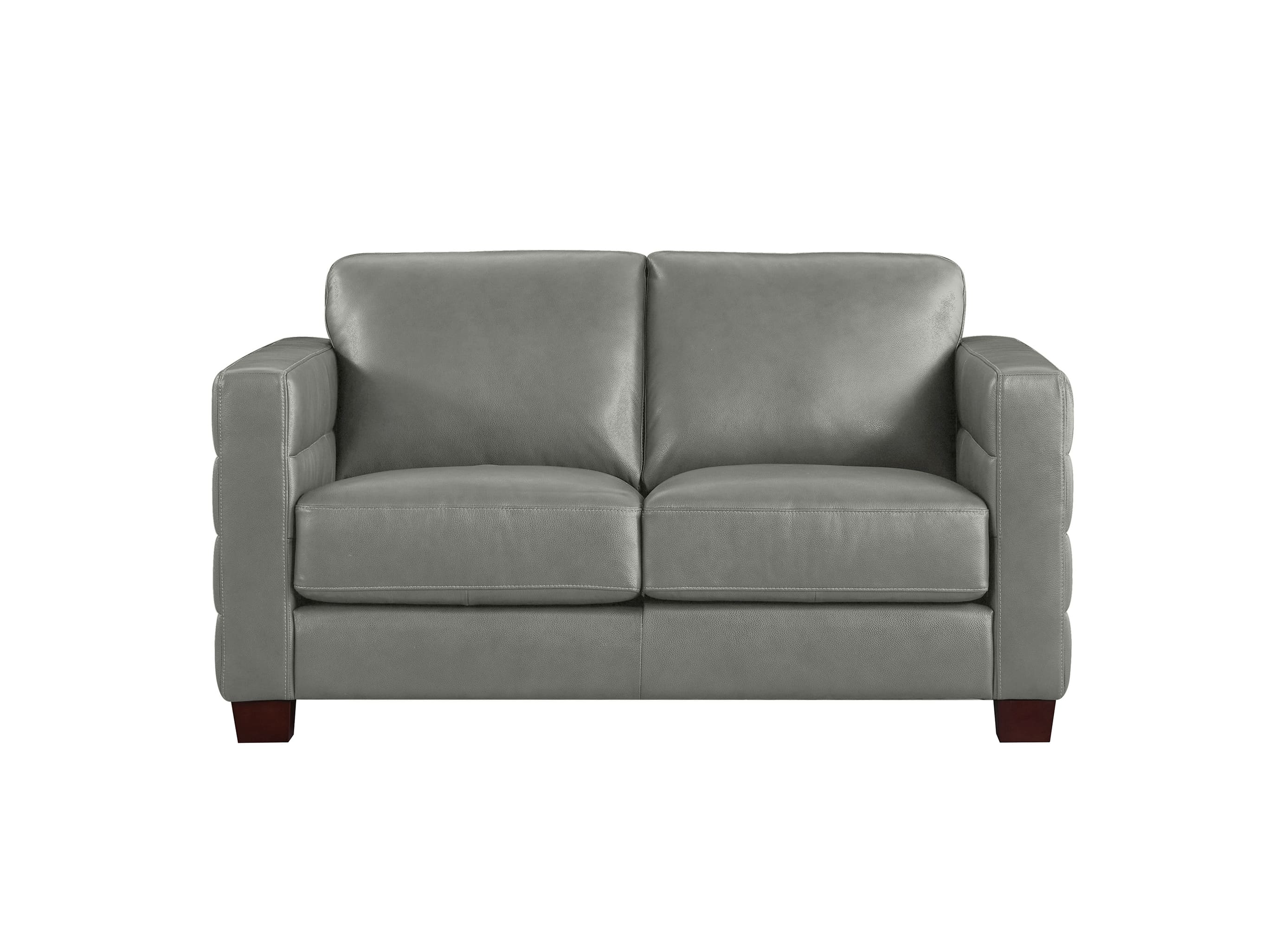 A gray upholstered loveseat with square arms, two seat cushions, and dark brown wooden feet, shown against a plain white background.